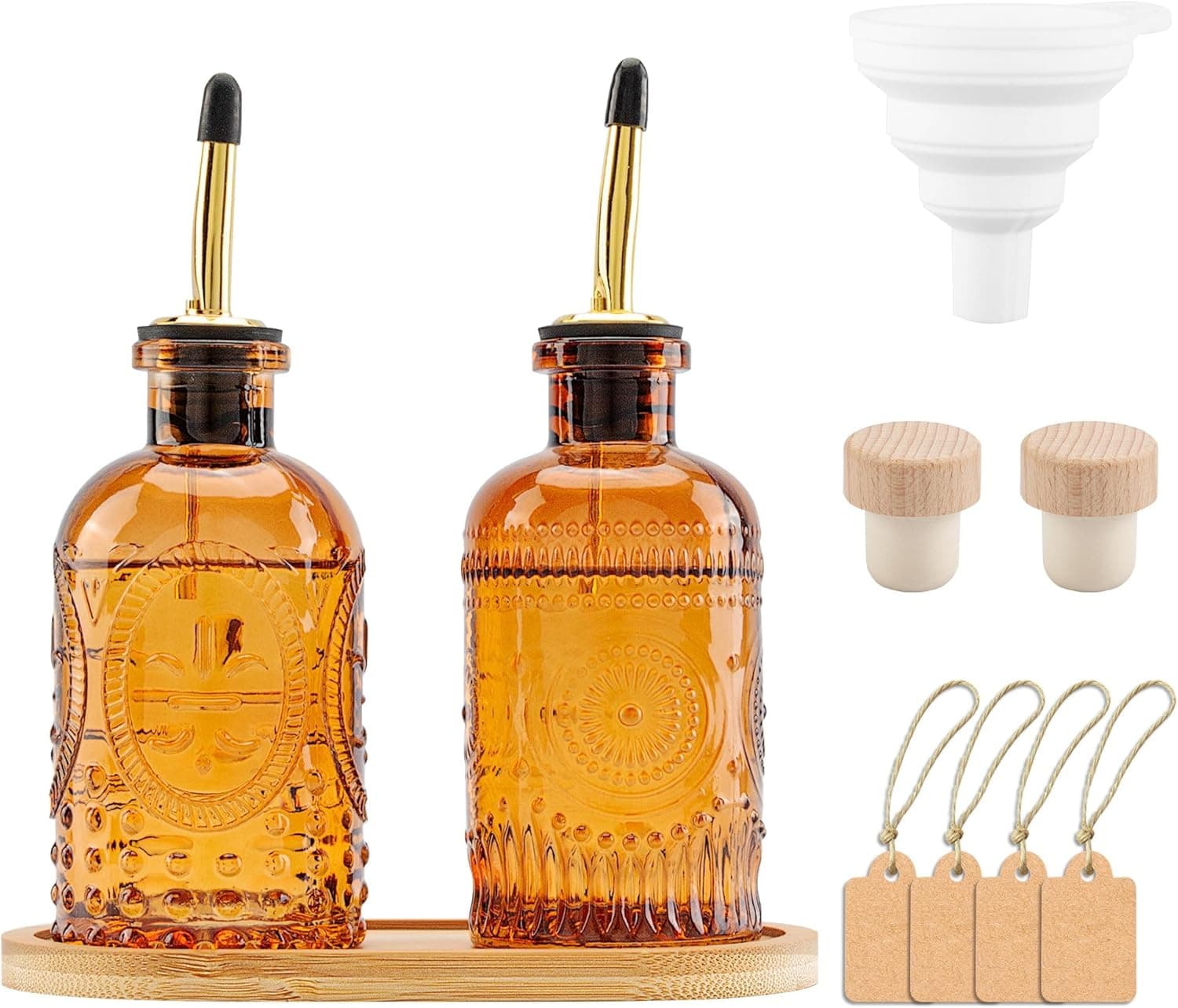 Olive Oil Dispenser Bottle for Kitchen, Elegant 8.5oz Oil Dispenser with Stainless Steel Pourers, Coffee Syrup Dispenser Bottles with Funnel, Glass Oil Dispenser for Kitchen-2pcs