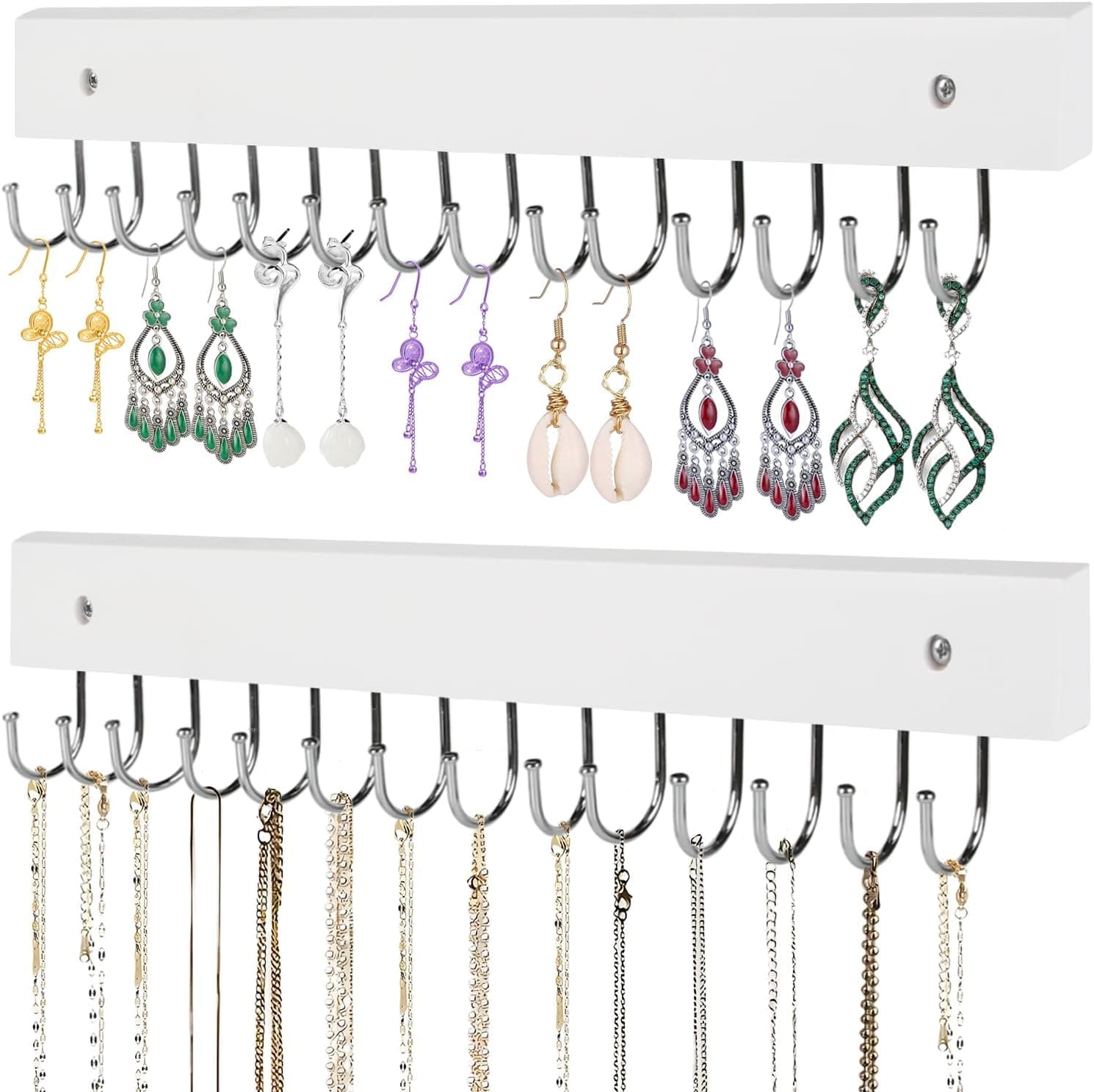 Necklace Holder Wall Mounted Jewelry Organizer - 2 Pack Wooden with 28 Hooks, Hanging Earring & Ring Bracelet Storage, Decorative Space-Saving Jewelry Display (White)