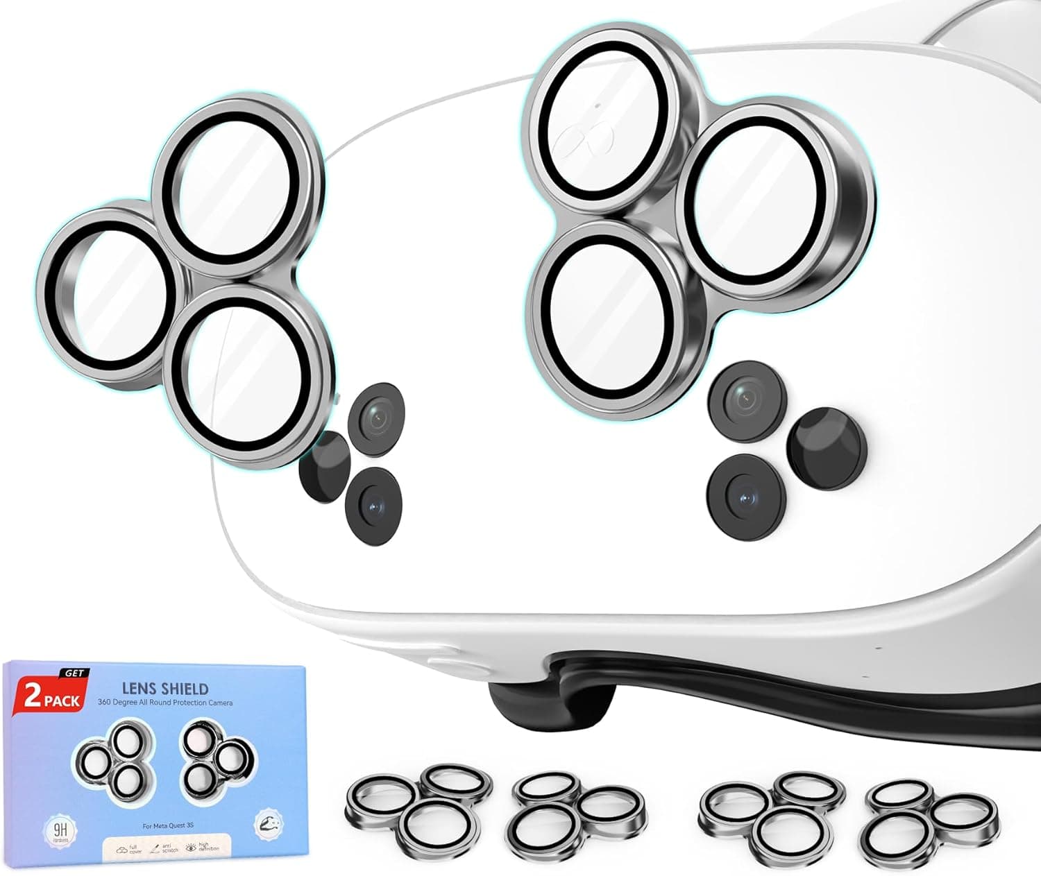 2-Pack Camera Lens Protector for Meta/Oculus Quest 3s, VR Accessories Lens Cover, 9H Tempered Glass Full-Cover Screen Protector, Anti-Scratch & Anti-Fingerprint for Enhanced VR Clarity (2 pack silver)