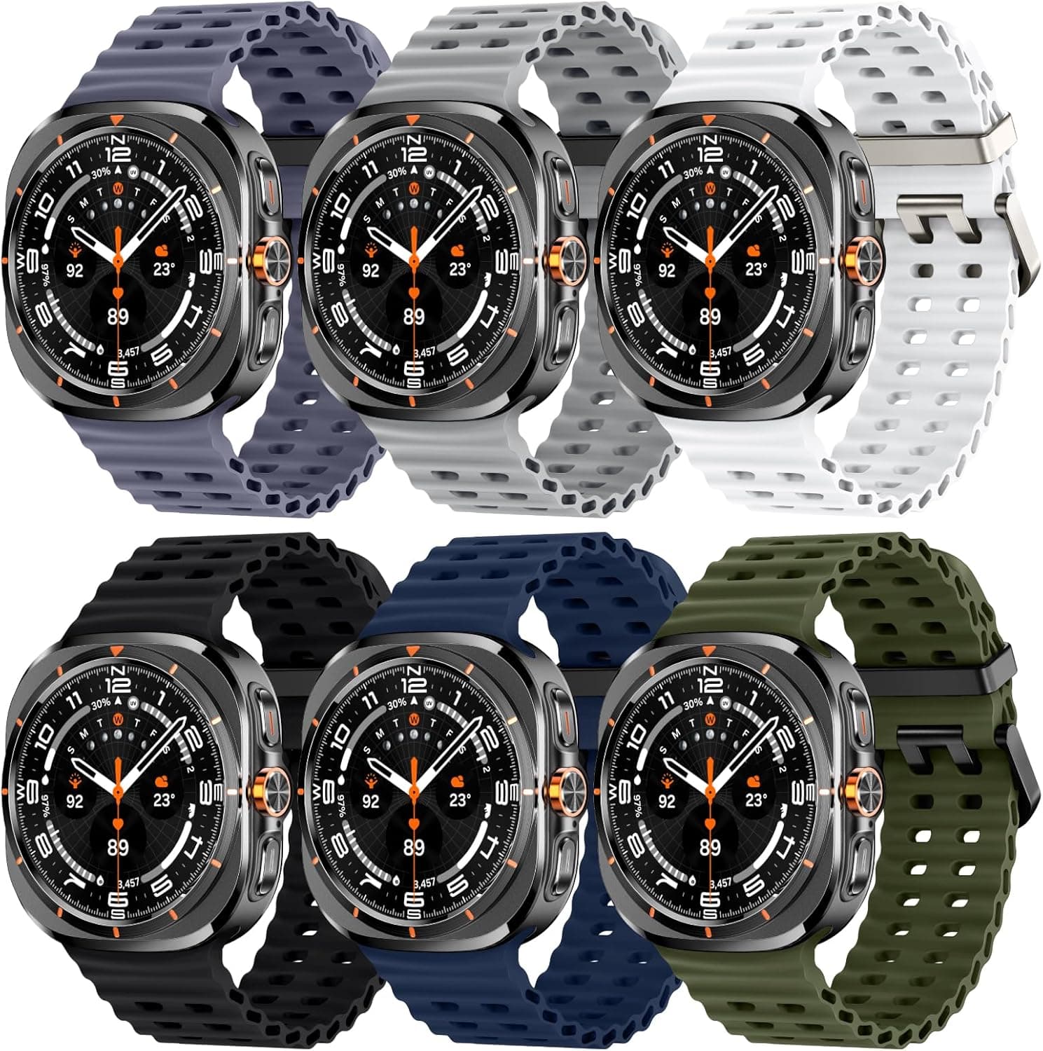 6-Pack Marine Sport Band Compatible with Galaxy Watch Ultra Bands 47mm (2025/2024), Samsung Watch 7 Ultra Bands for Men Women, Breathable Ocean Silicone Strap No Gap Design
