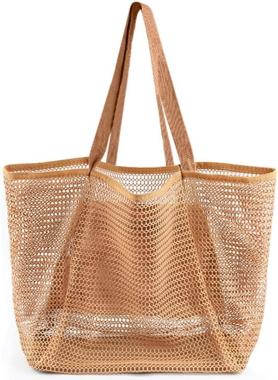 Beach Bags for Women, Summer Travel Mesh Tote Bag with Large Inner Pocket, Sandproof Woven Shoulder Handbag