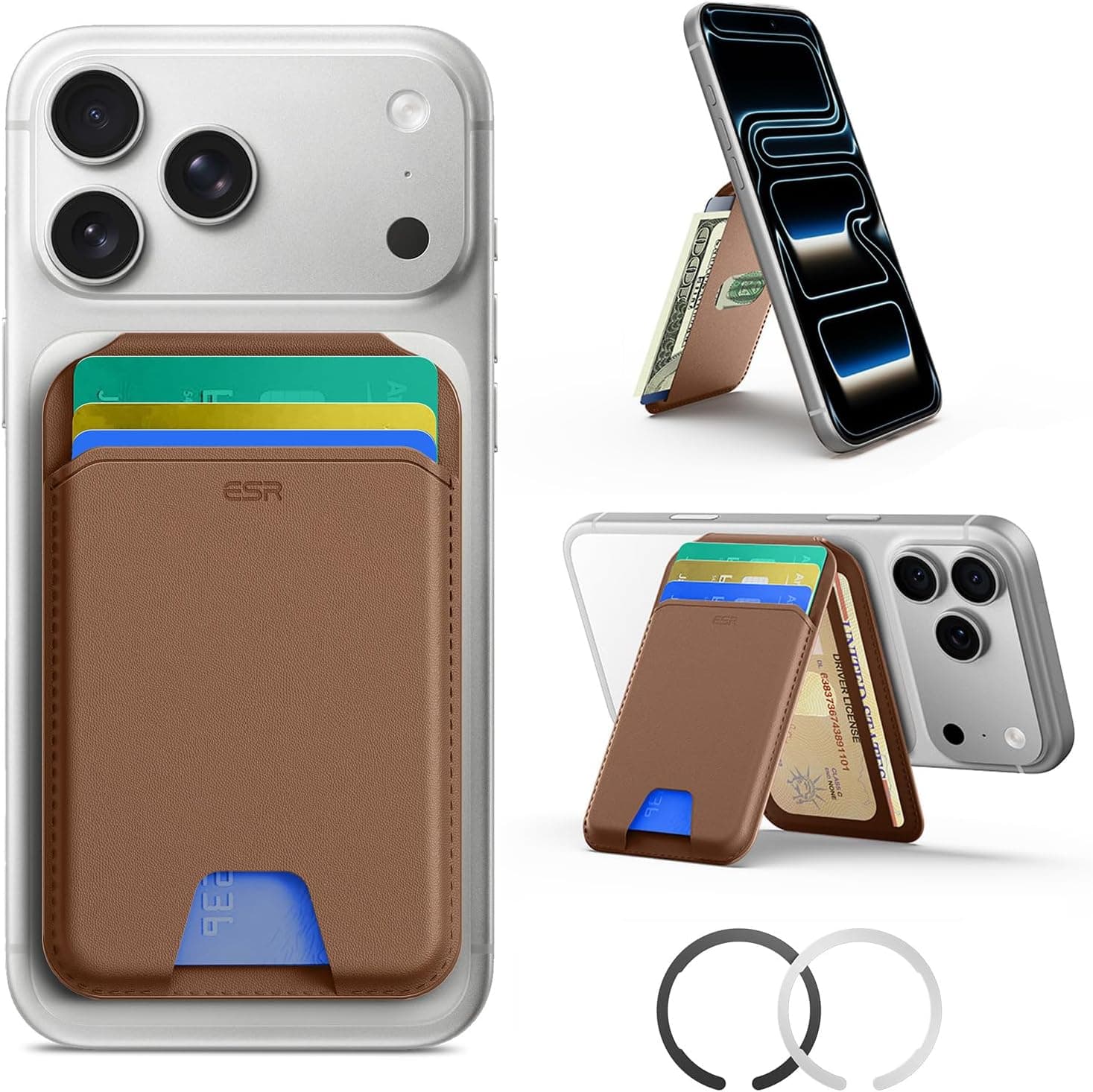 ESR for MagSafe Wallet Stand, RFID Blocking with MagSafe Ring, 5 Card Holder for Phone Case, Slim Leather Magnetic Wallet for iPhone 17/16/15/14/13/12 Series(Not for Mini), Selected Samsung, Brown