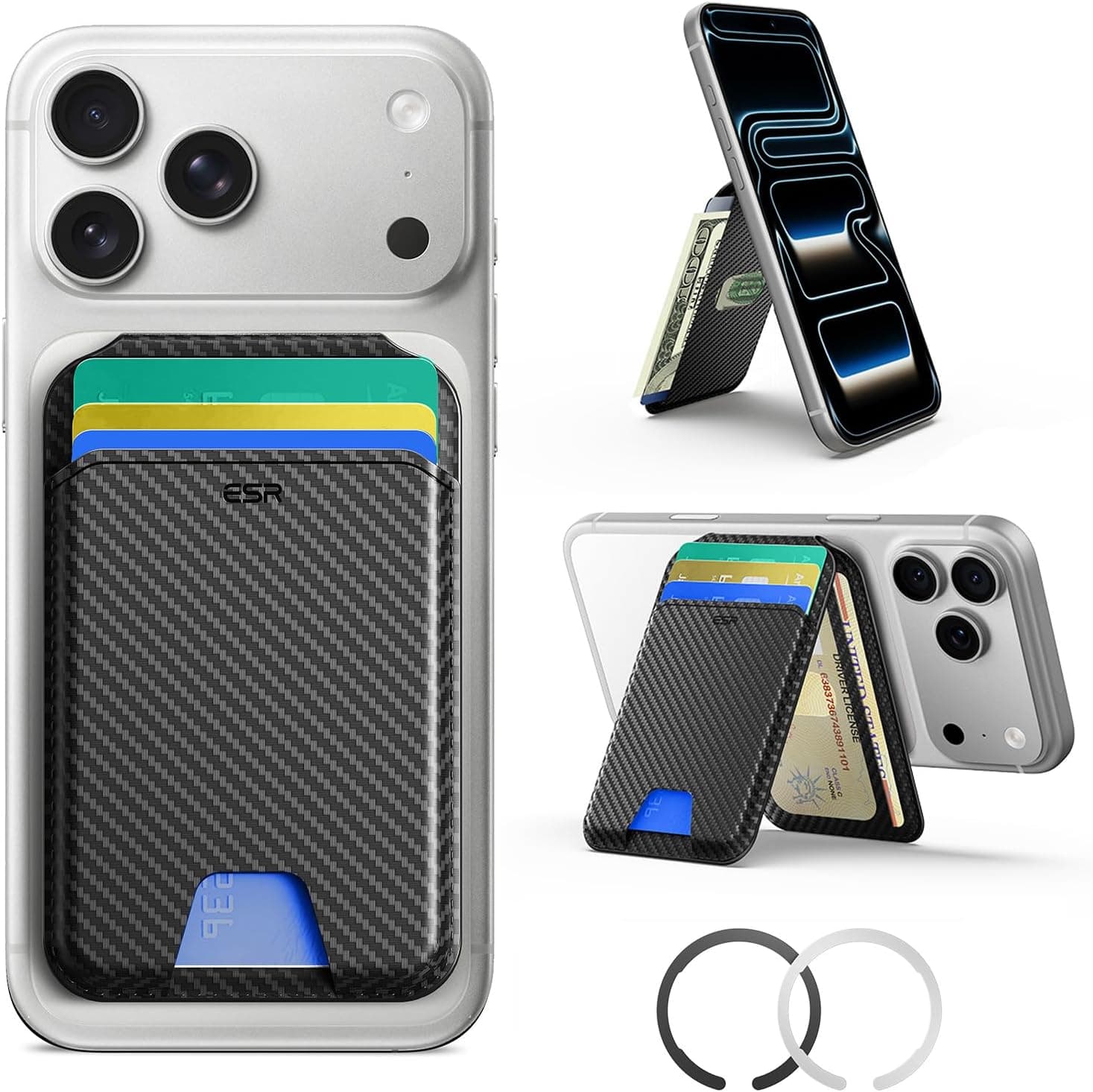 ESR for MagSafe Wallet Stand, RFID Blocking w MagSafe Ring, 5 Card Holder for Phone, Slim Leather Magnetic Wallet for iPhone 17/16/15/14/13/12 Series(Not for Mini), Selected Samsung,Black Carbon Fiber
