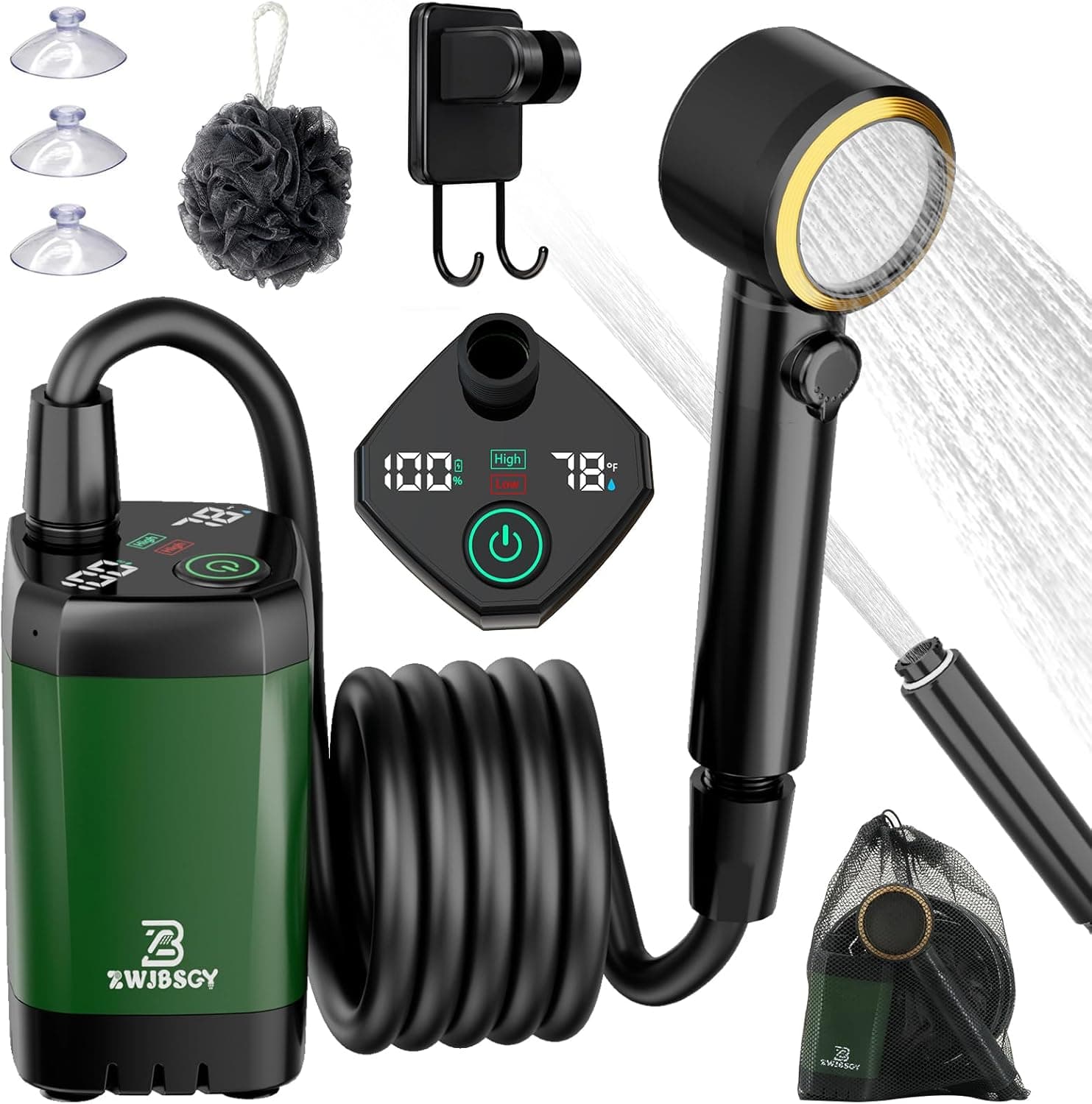 Portable Shower for Camping, 160~190 Minutes Long-Runtime Camping Shower Pump, 4 Spray Modes Portable Showers, Smart Intelligent LED Display Outdoor Camp Shower Kit or Camping, Hiking, Traveling, Pet