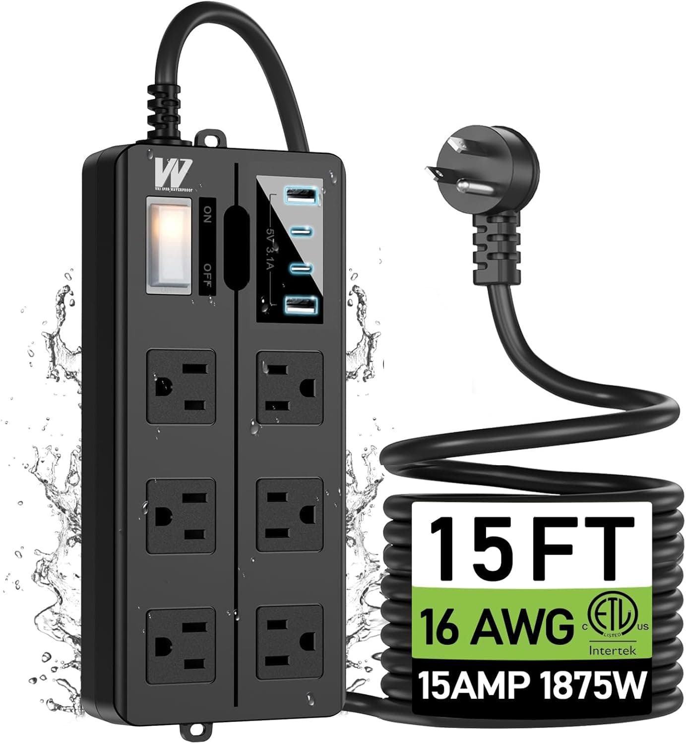 VNJ Outdoor Power Strip with 6AC Outlets + 4USB Ports, IPX6 Waterproof Surge Protector, Safety Lock Design and ETL-Certified Cables, 15FT Extension Cord for Home, Garden, and Commercial Use