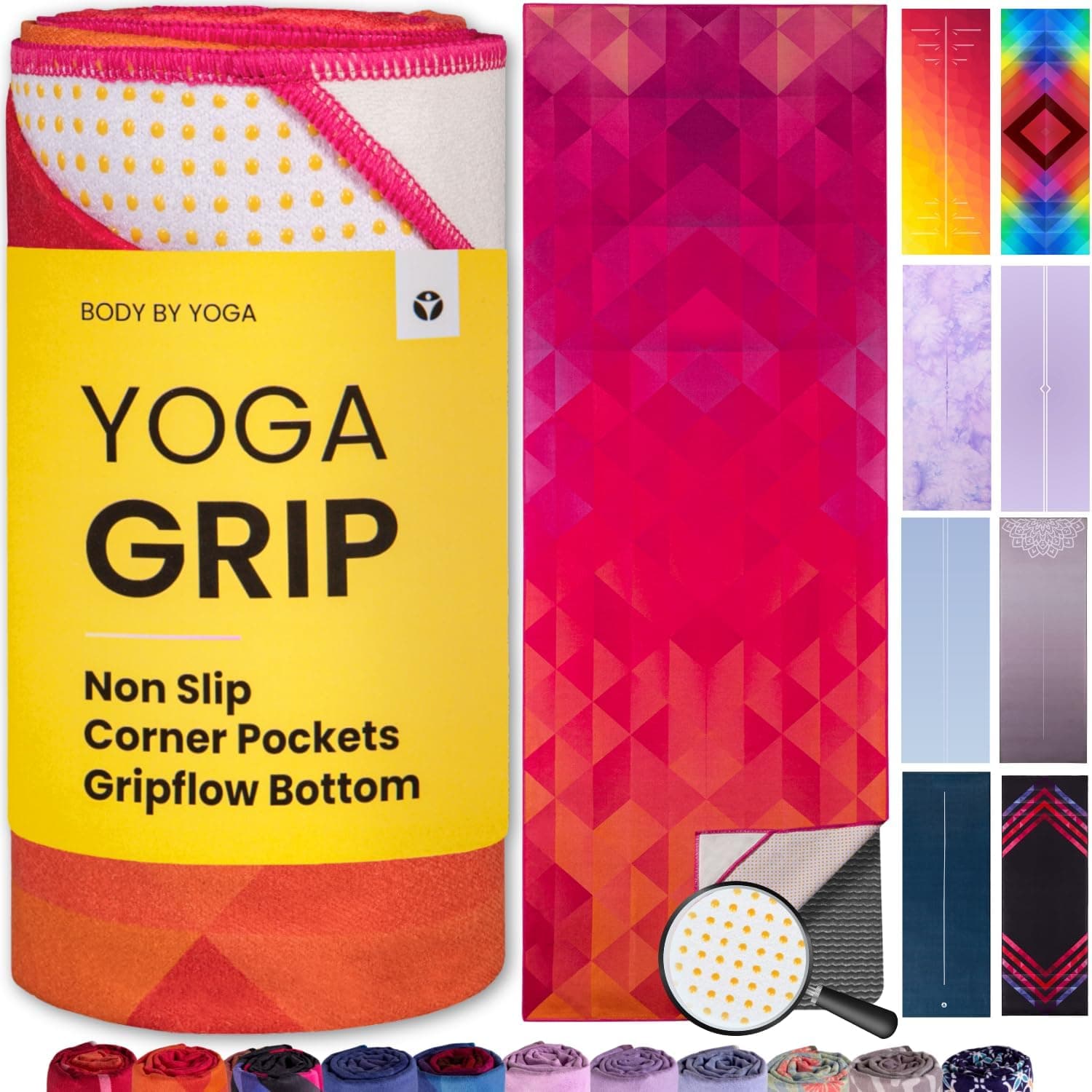 Yoga Grip Yoga Towel - Non Slip Hot Yoga Mat Towel With Corner Pockets, No-Skid Grip, and Built-in Alignment Lines | Soft, Moisture Wicking, and Sweat Absorbent | No Bunching, Stays in Place 72" x 25"