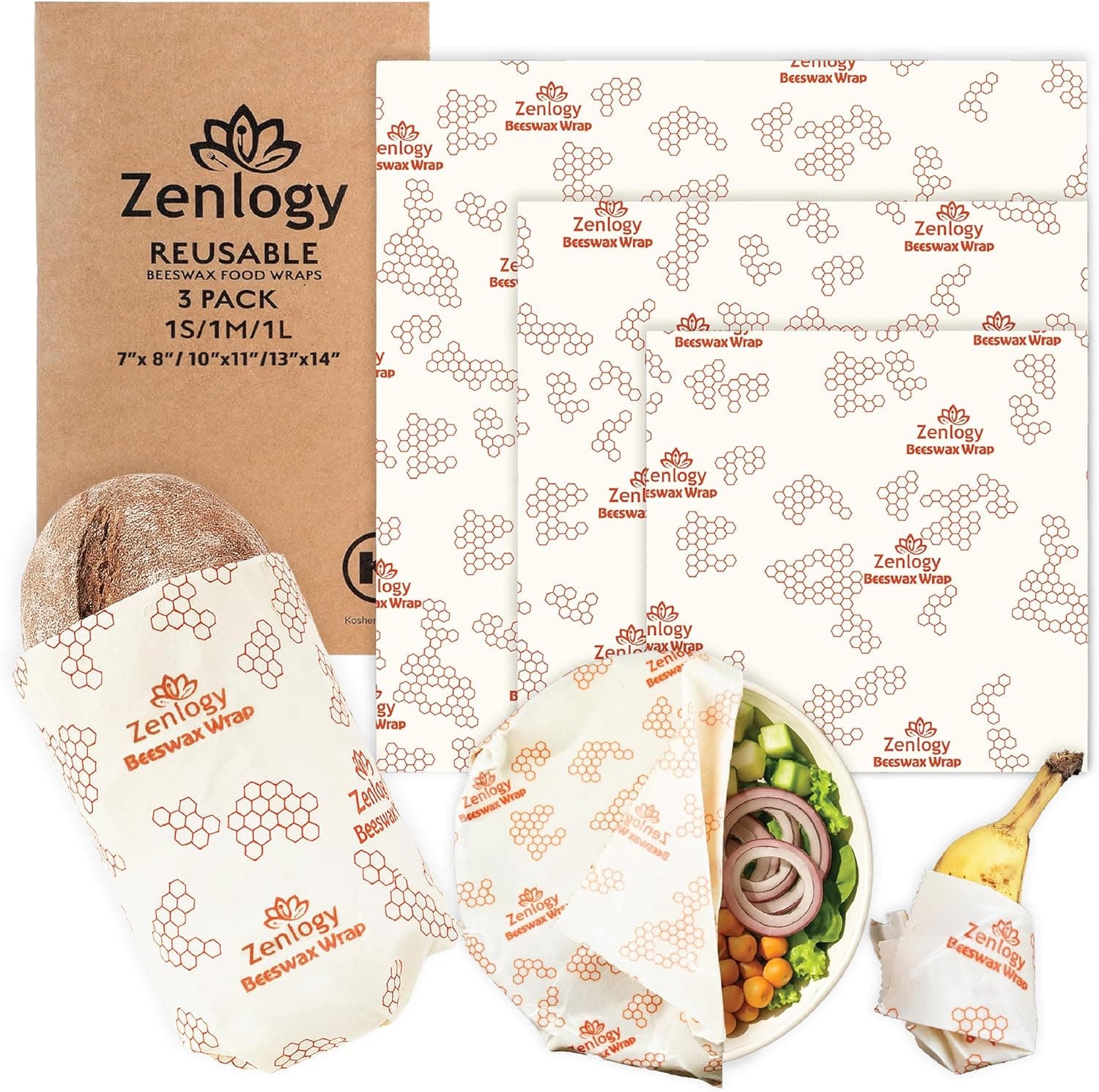 Zenlogy Reusable Beeswax Food Storage Wrap, Eco Friendly Alternative, Sustainable Organic Cut to Size Cotton Beeswax Wraps, 3 Pack (13" x 14", 10" x 11", 7" x 8")