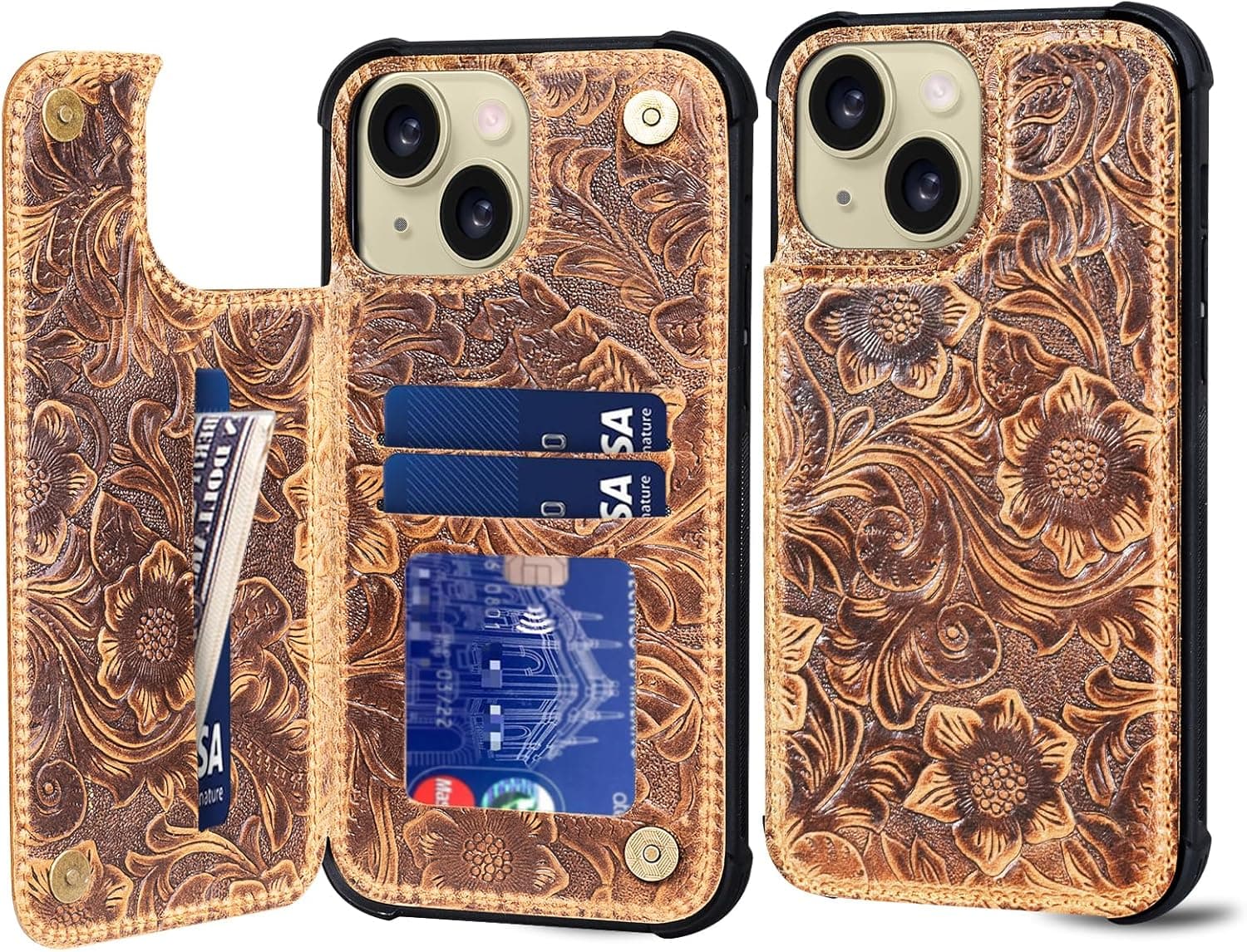 Wallet Real Leather Case Compatible with iPhone 15 6.1" ，Genuine Leather，Shockproof, Anti-Fall Case, Flip Cover, with Card Slot, Double Magnetic Buckle, Kickstand, Durable Brown