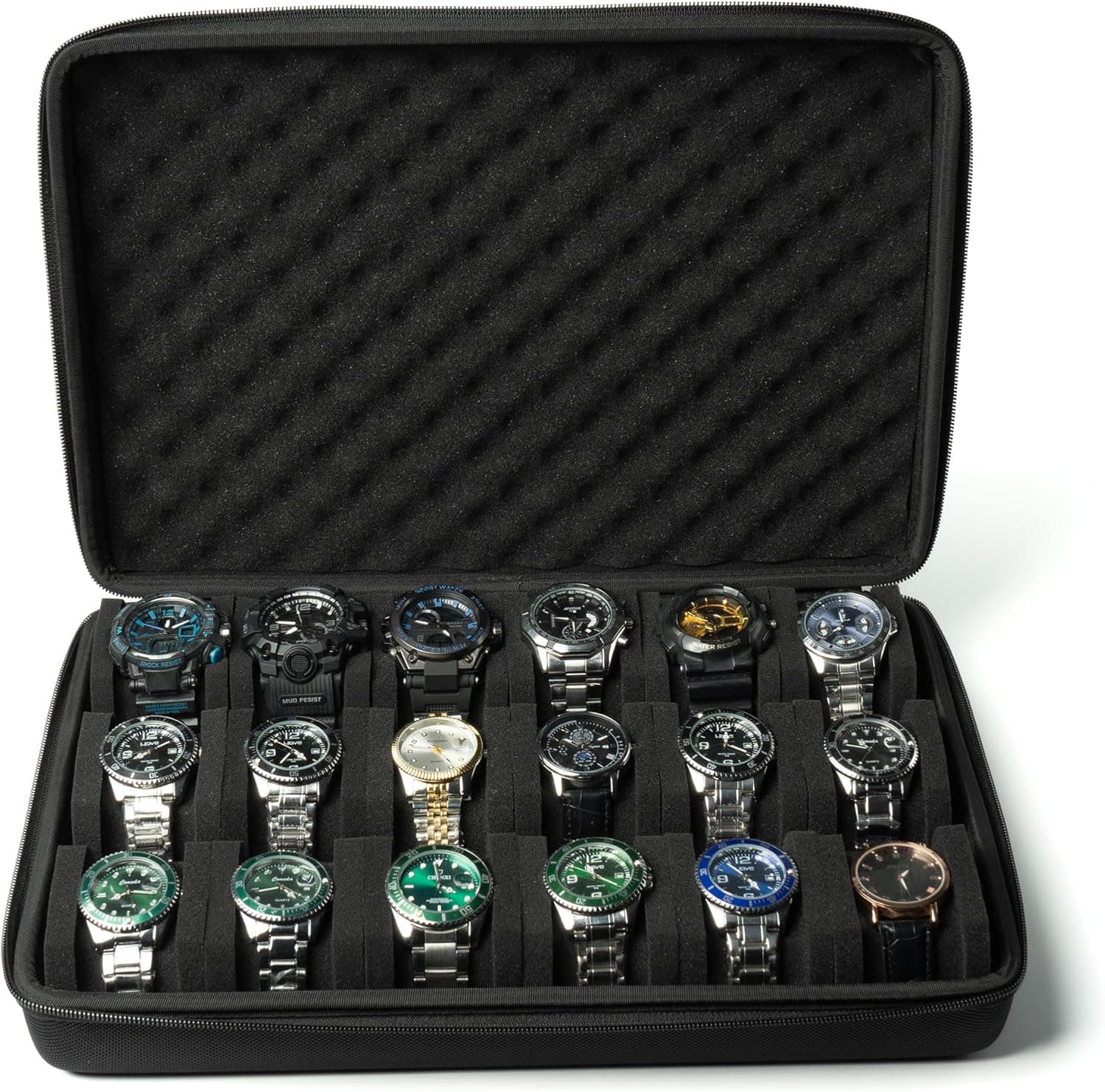 Hard watch case for travel and storage, watch storage box for display and organization (Padded 18 slots)