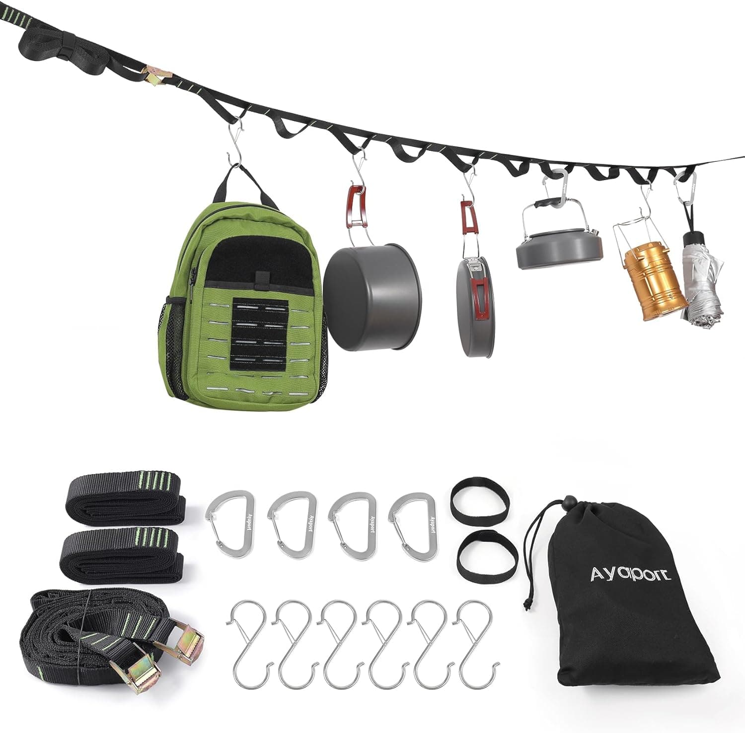 Ayaport Campsite Storage Strap Tent Camping Tree Hanging Organizer with 4 Carabiner Hooks 6 Stainless Steel S Hooks & 20 Separated Loops, Camping Set Travel & Outdoor Camping Gear