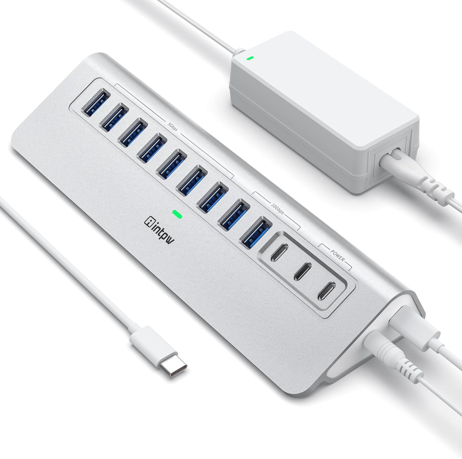 Powered USB Hub 10Gbps, intpw 12 Port USB C Hub with 10Gbps USB C 3.2+2 USB A 3.2, 7 USB 3.0, 2 PD 45W Charging Port, 65W Power Adapter and 3.3FT Cable, Aluminum USB Hub for Laptop/iPhone 17/16/15 /PC
