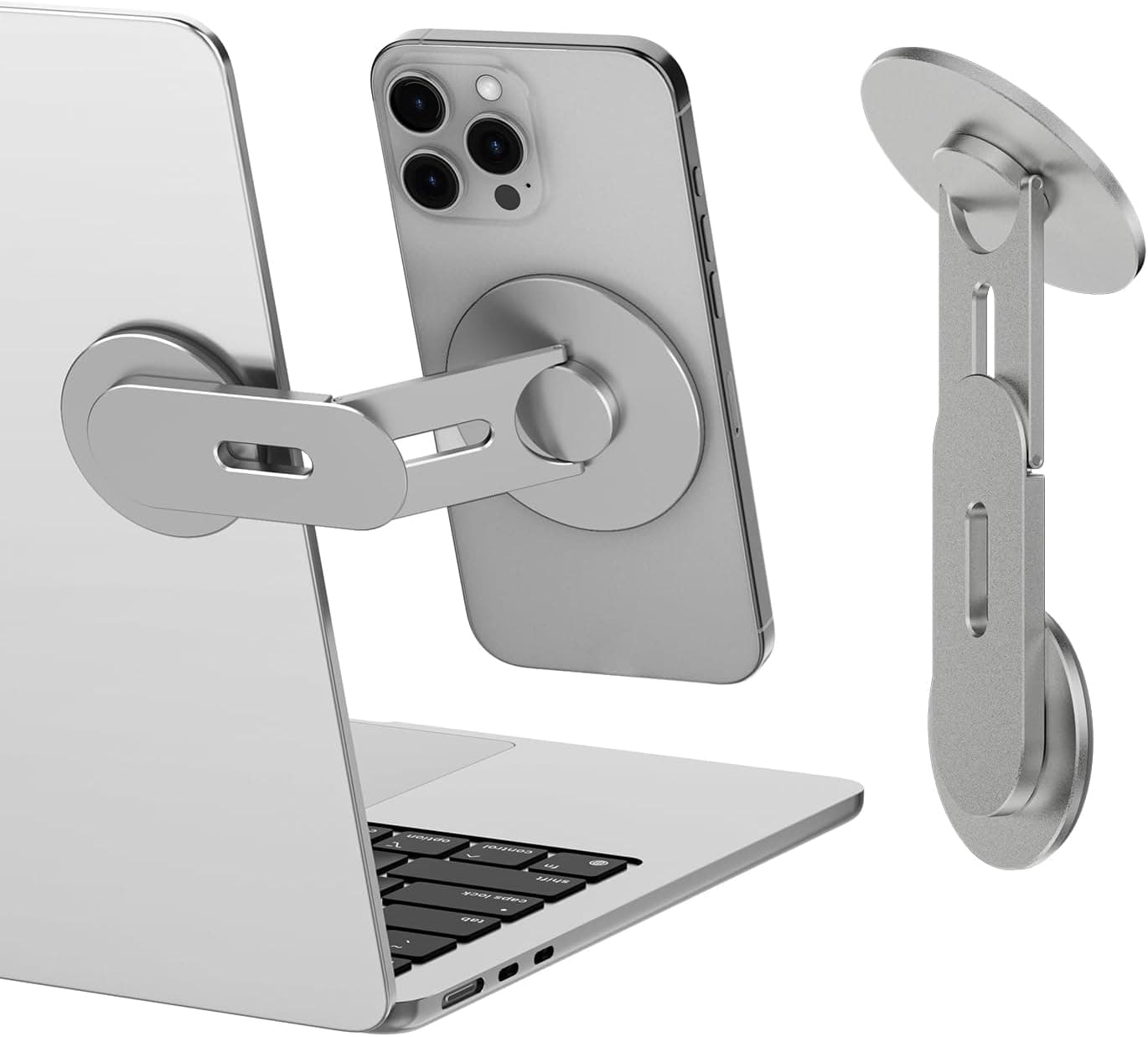 CloudValley Magnetic Laptop Phone Holder, 360° Rotating Mount Compatible with iPhone MagSafe and All Phones, MacBook, PC Monitor, Screen Stand for Tesla, Portable Accessory, Grey