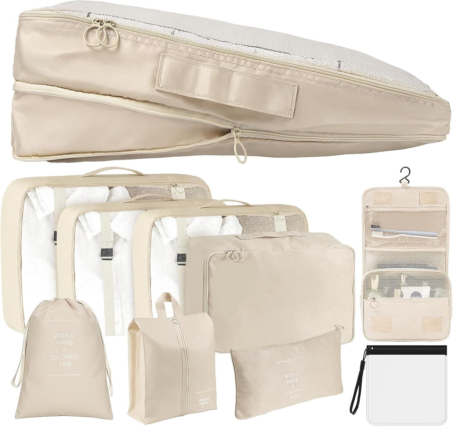 Compression Packing Cubes for Travel 9 Set, Expandable Large Luggage Packing Organizers Suitcase Organizer Cubes with Liquids Bags & Hanging Toiletry Bag, Travel Accessories Luggage Carry On Suitcase