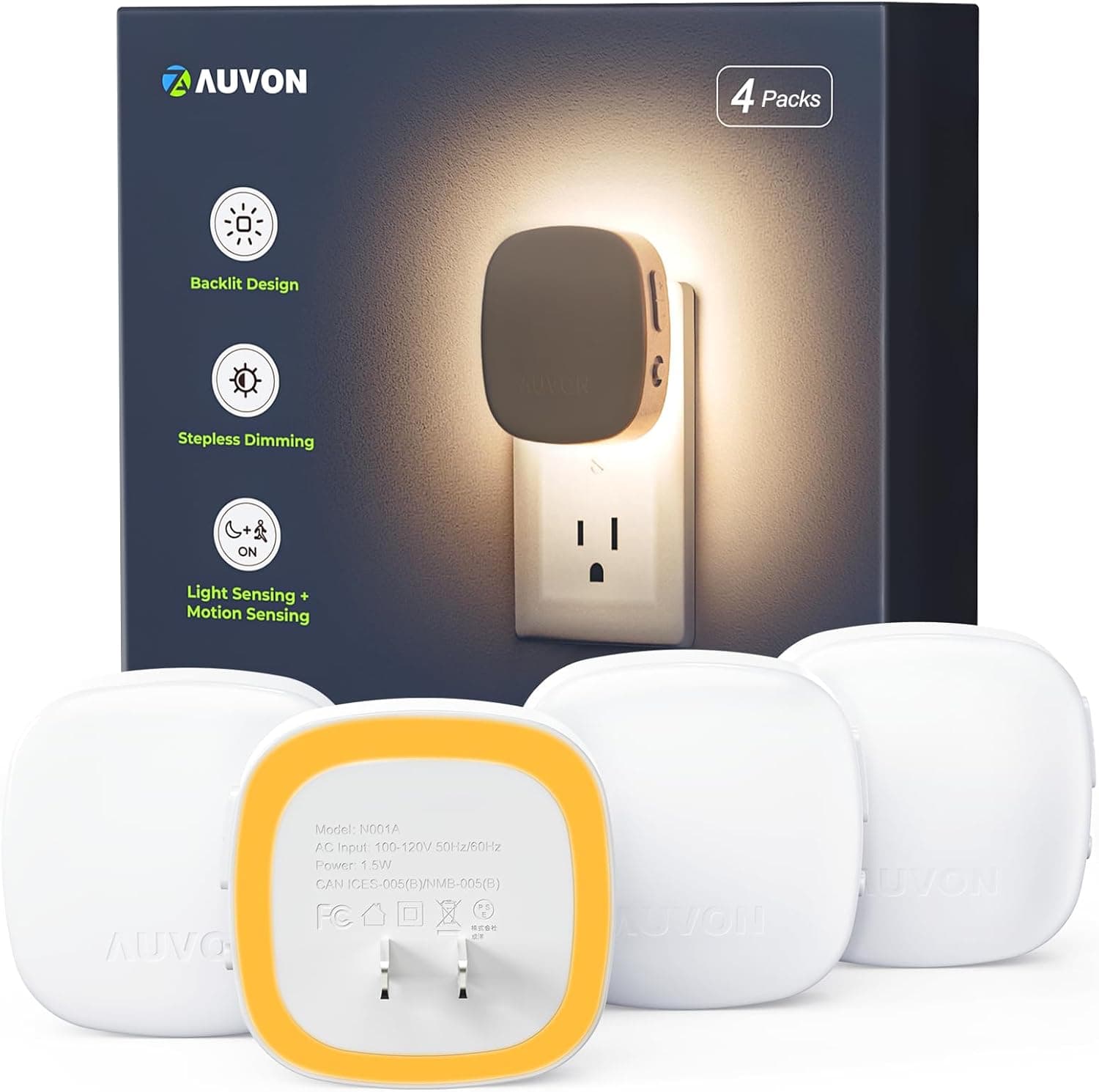 AUVON Plug-in LED Backlit Night Light with Motion Sensor & Dusk to Dawn Sensor, Dimmable Amber Nightlight with 1-50 lm Adjustable Brightness for Bedroom, Bathroom, Stairs, Hallway (4 Pack)