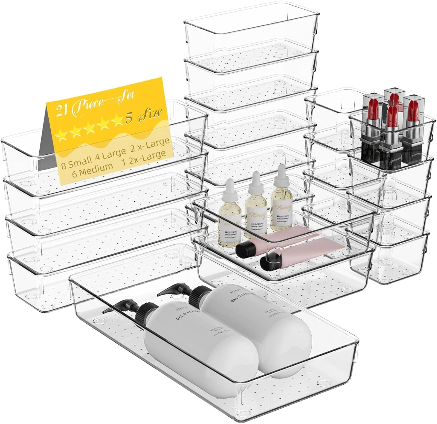 21 PCS Clear Plastic Drawer Organizer Set, 5 Sizes Acrylic Drawer Storage Trays Non Slip Storage Bins for Makeup, Jewelry, Gadgets for Kitchen, Bedroom, Bathroom, Office