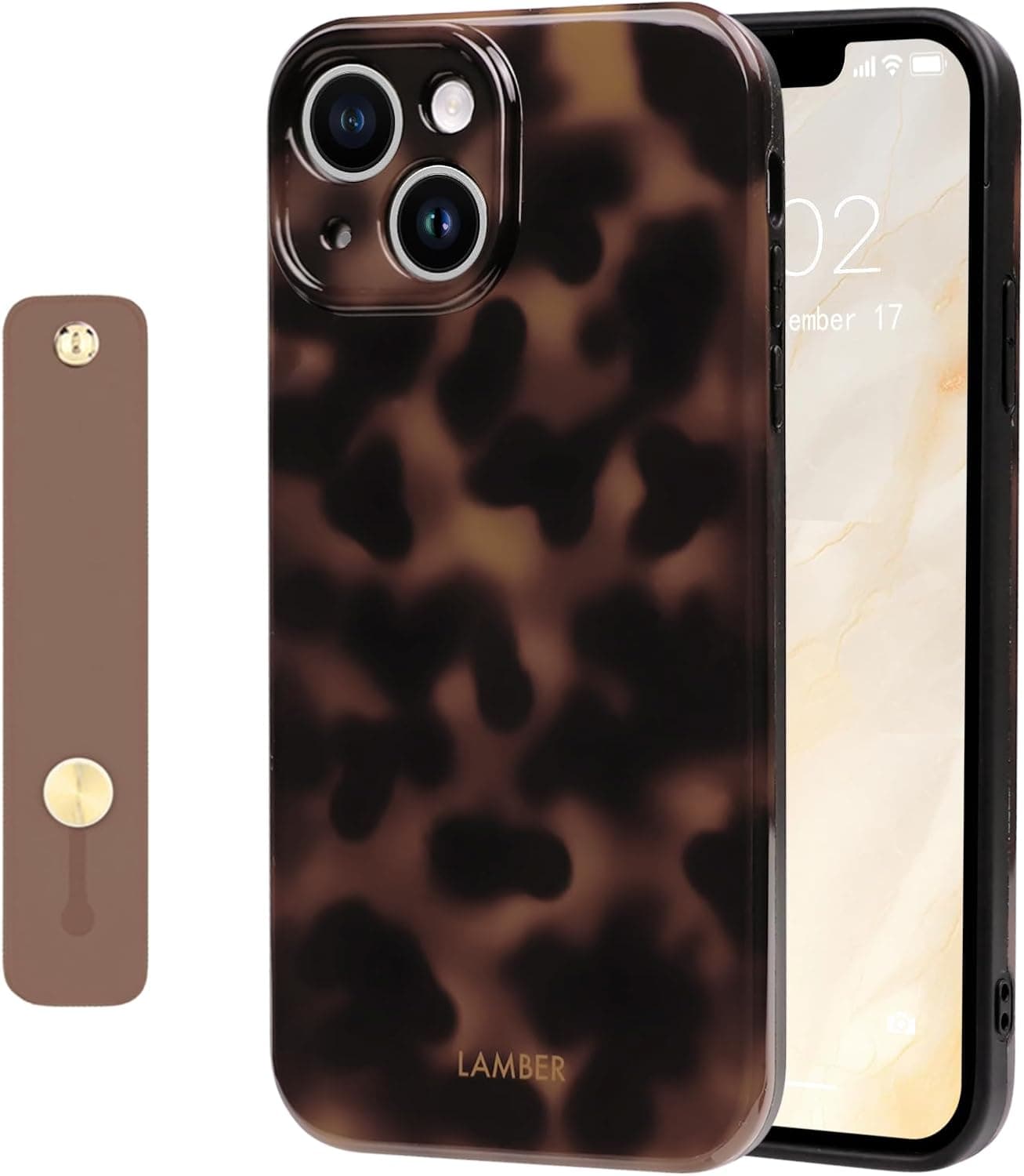 NITITOP Compatible with iPhone 15 Case with Wrist Strap Cute Stylish Leopard Aesthetic Tortoise Amber Design for Women Girls Men Soft TPU Shockproof Protective Cover - Brown