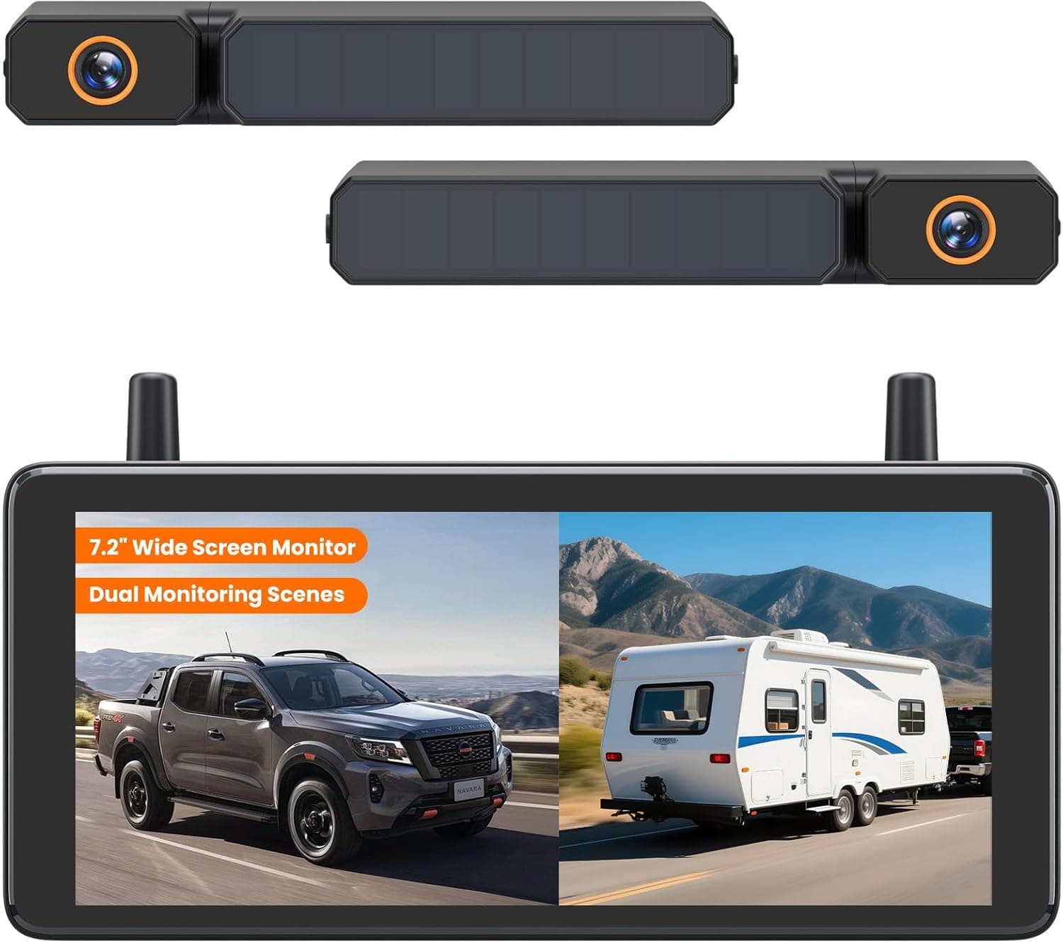 AUTO-VOX Solar Wireless Backup 2 Cameras: 2-Min DIY Install, Dual Channel Stable Signal DVR Monitor, 7.2" 1080P Super Night Vision, IP69K Waterproof Back Up Camera for Cars, Truck, Trailer, SUV, Van