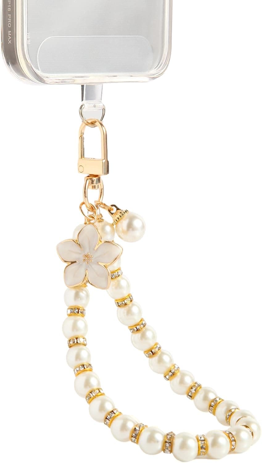 Fancy Beaded Cell Phone Wrist Strap, Hands-Free Cute Wristlet Chain Bracelet, Detachable Lanyard for iPhone, Samsung and Most Smartphones - Anti-Lost Versatile Charm for Bag | White Flower&Pearls
