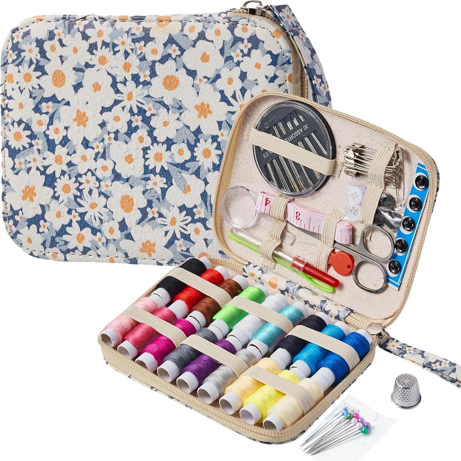 Daisy Sewing Kit Printing Sewing Kit,Professional Sewing Supplies for Adults, Zipper Sewing Needles Set, 87 PCS Travel Sewing Accessory for Emergency, Home