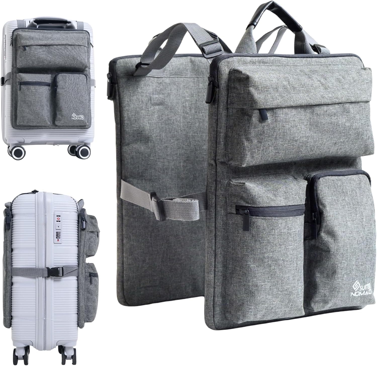 SUITEDNOMAD Luggage Harness for Carry On Bag, Over Suitcase Organizer with Storage Pockets and Laptop Sleeves, Slide On Adjustable Bag for Travel