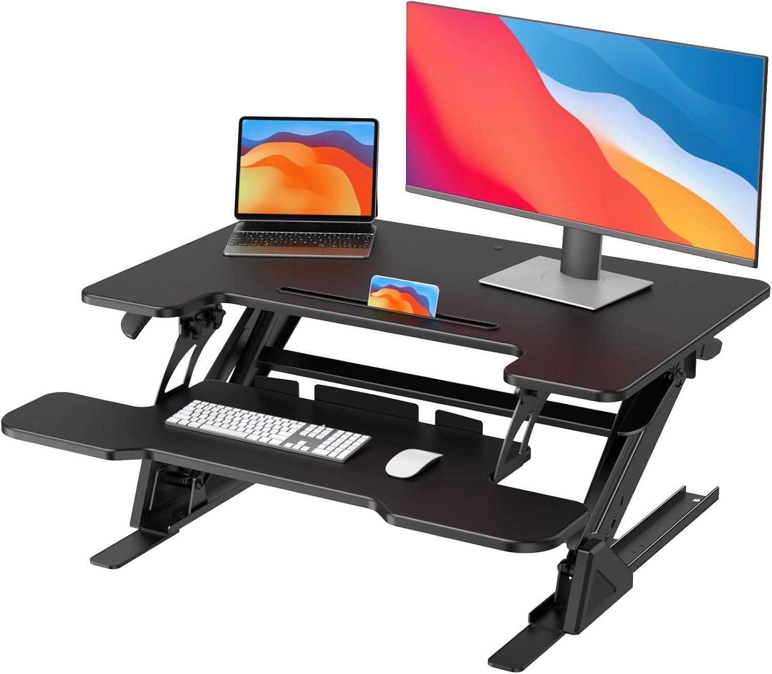 HUANUO 32" Z Shaped Stable Standing Desk Converter, Height Adjustable Sit Stand Up Desk Riser, Dual Monitor and Laptop Workstation with Wide Keyboard Tray, Desk Lifter for Home Office