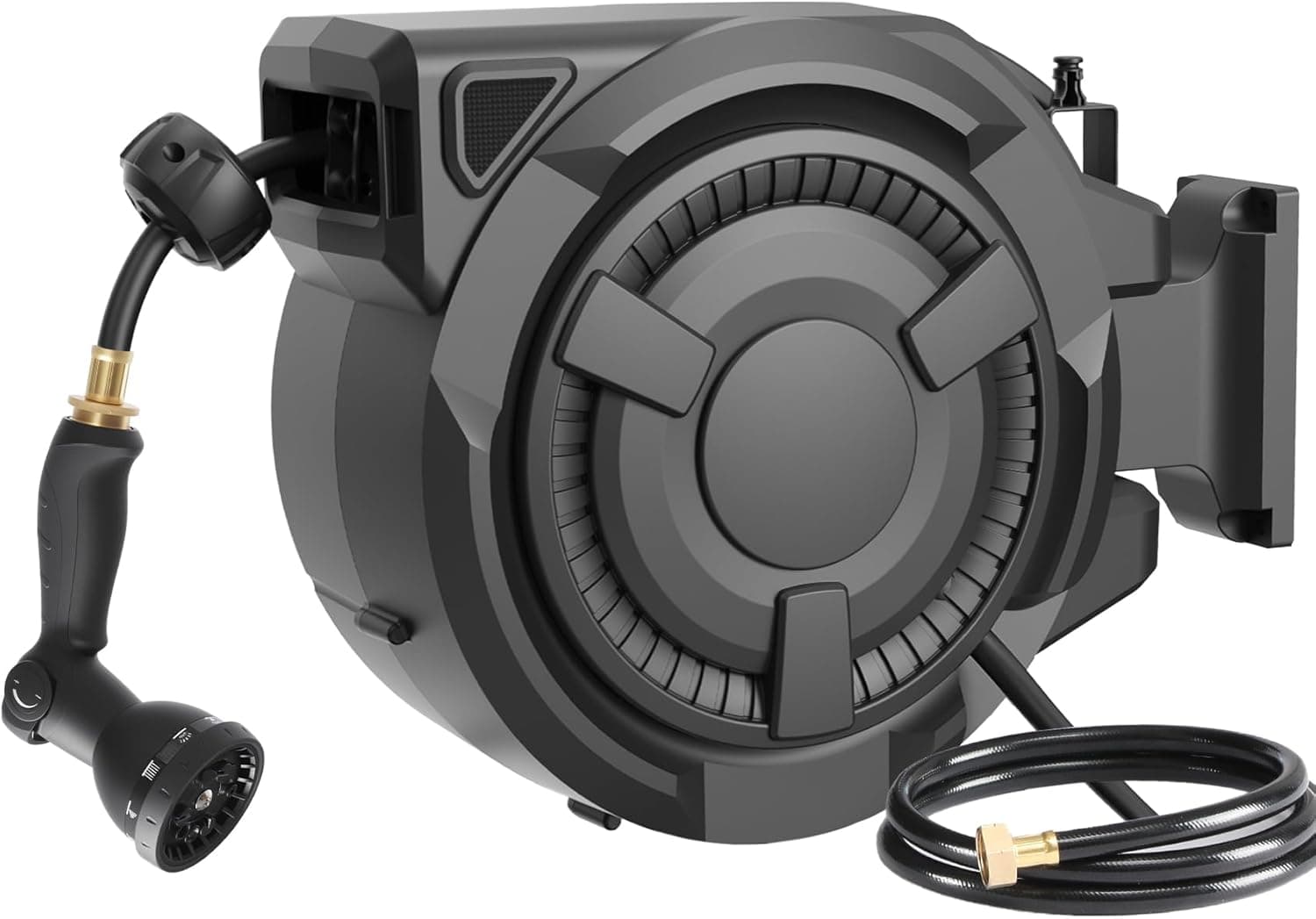 Retractable Garden Hose Reel 1/2 in x 100 ft, Heavy Duty Wall Mounted Hose Reel with 10- Function Sprayer Nozzle, Any Length Lock/Automatic Slow Return System/180°Swivel Bracket/UV Resistant (Black)
