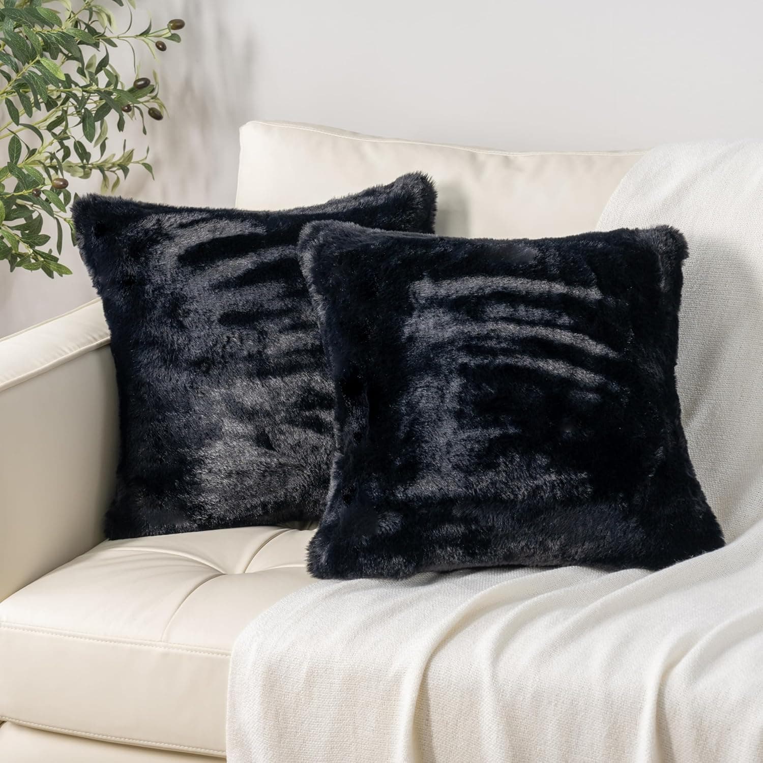 Berkshire Faux Fur Decorative Throw Pillow Covers Pack of 2, Cozy Fluffy Fur Cushion Cases for Couch Bed Living Room Home Decor, 18×18 Inch, Black