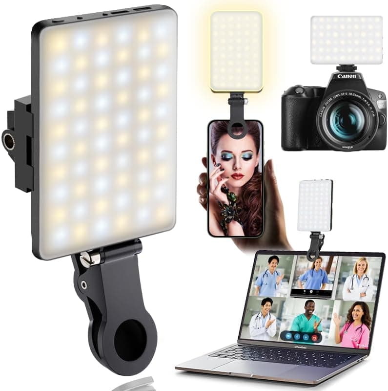 60 LED Portable Selfie Light Video Conference Lighting with Clip & Camera Tripod Adapter Rechargeable 2000mAh CRI 97+, 3 Light Modes for Phone iPhone Webcam Laptop Photo Makeup