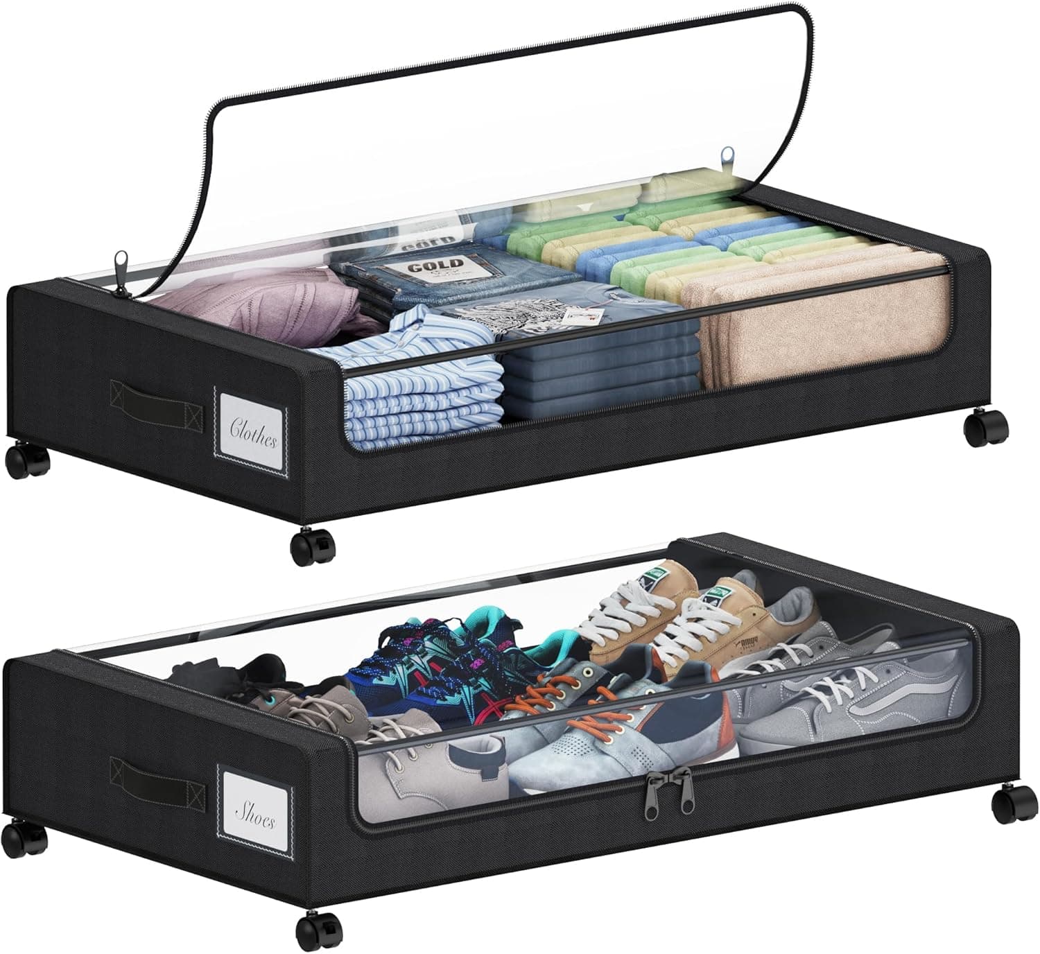 Under Bed Storage with Wheels, XXL 60L Under the Bed Storage Bins, Underbed Storage Containers with Lids & Label, Rolling Metal Drawer for Shoes, Clothes, Books, Toys (2-Pack Black)