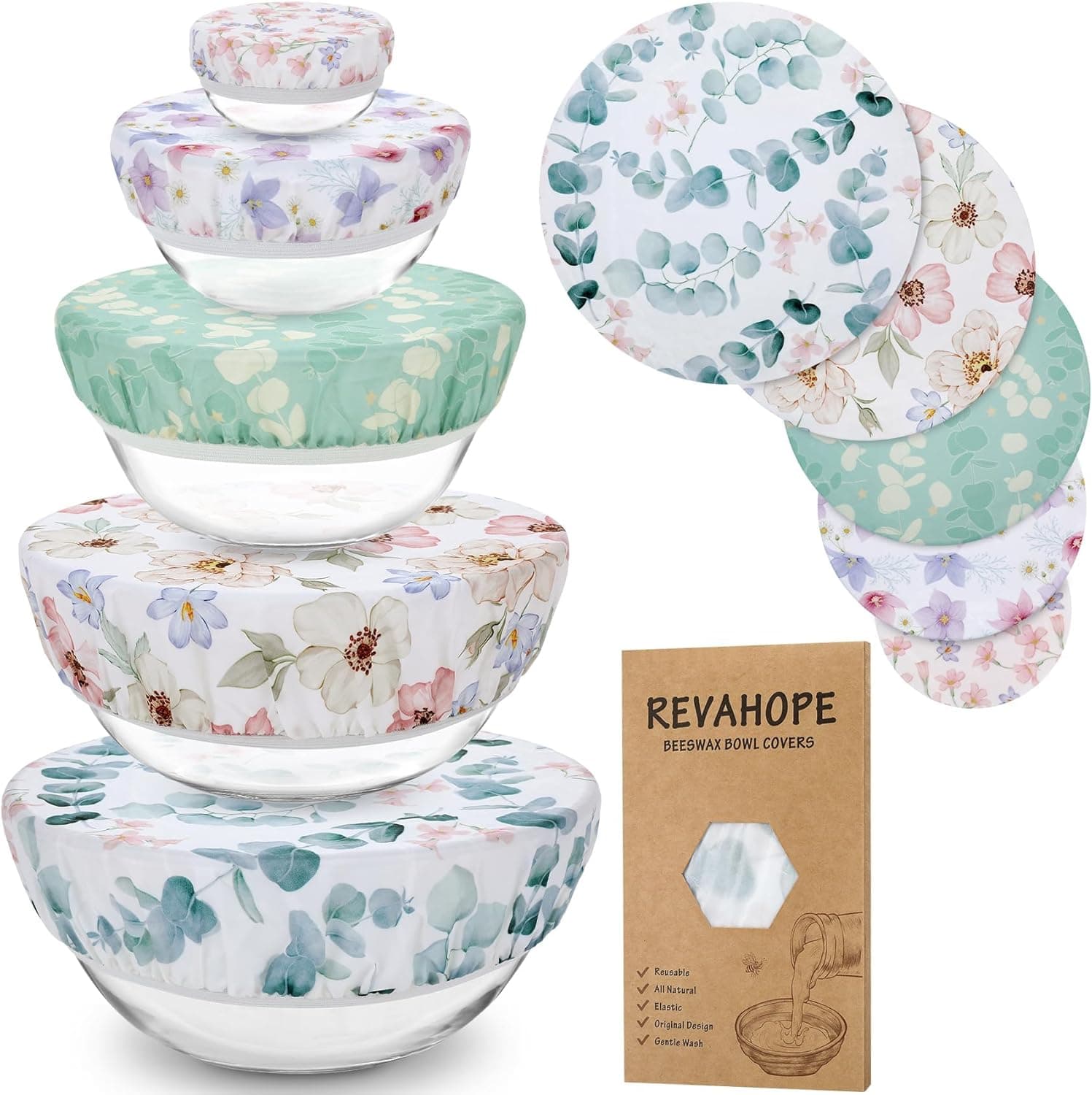 5-Size Reusable Beeswax Bowl Covers for Bread Proofing, Cotton Cloth Flexible Beeswax Wraps for Food Storage