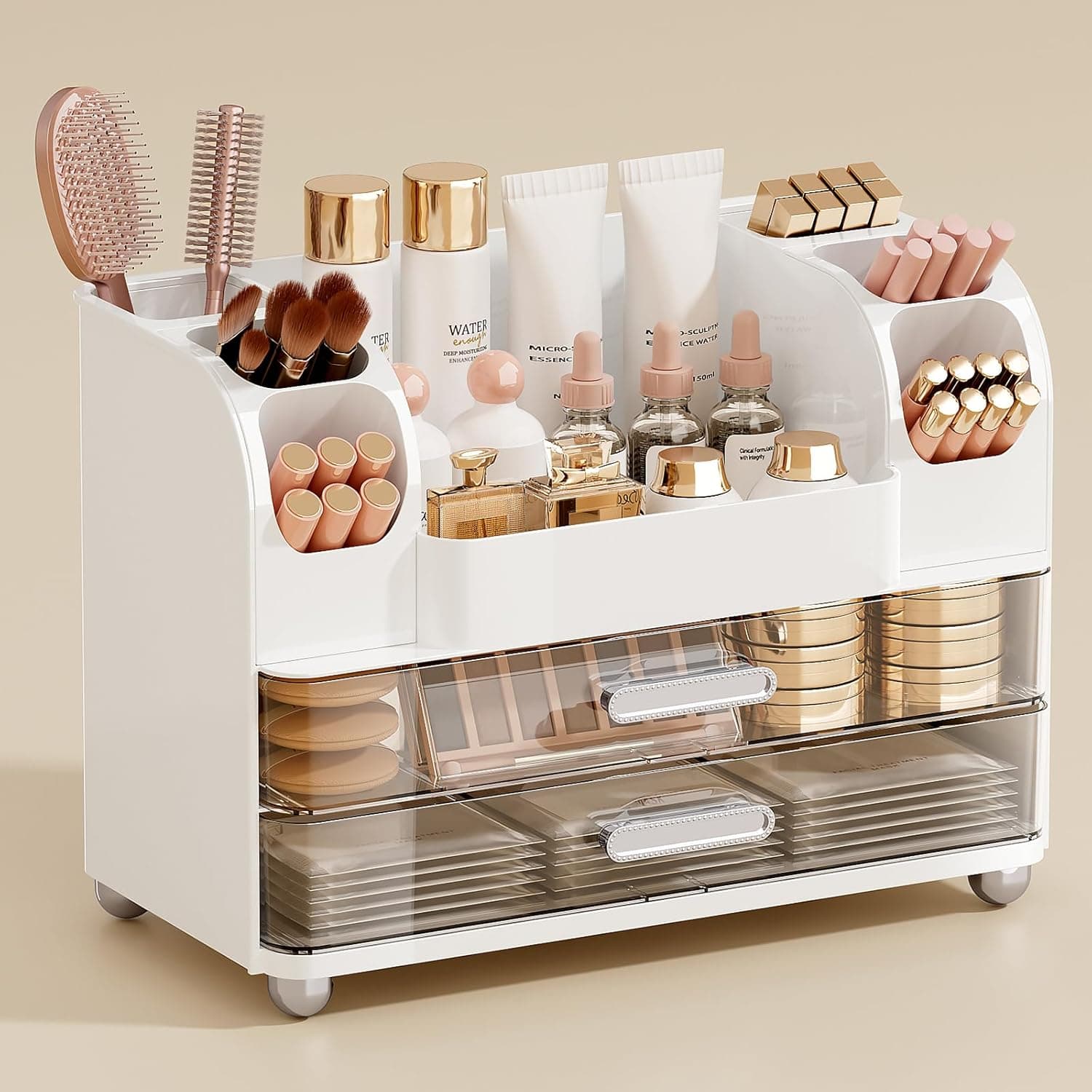 Makeup Organizer for Vanity with 2 Large Drawers, Cosmetic Display Case with Brush Holders, Easy to Storage for Bathroom Countertop Skincare, Desk Office Supplies, White