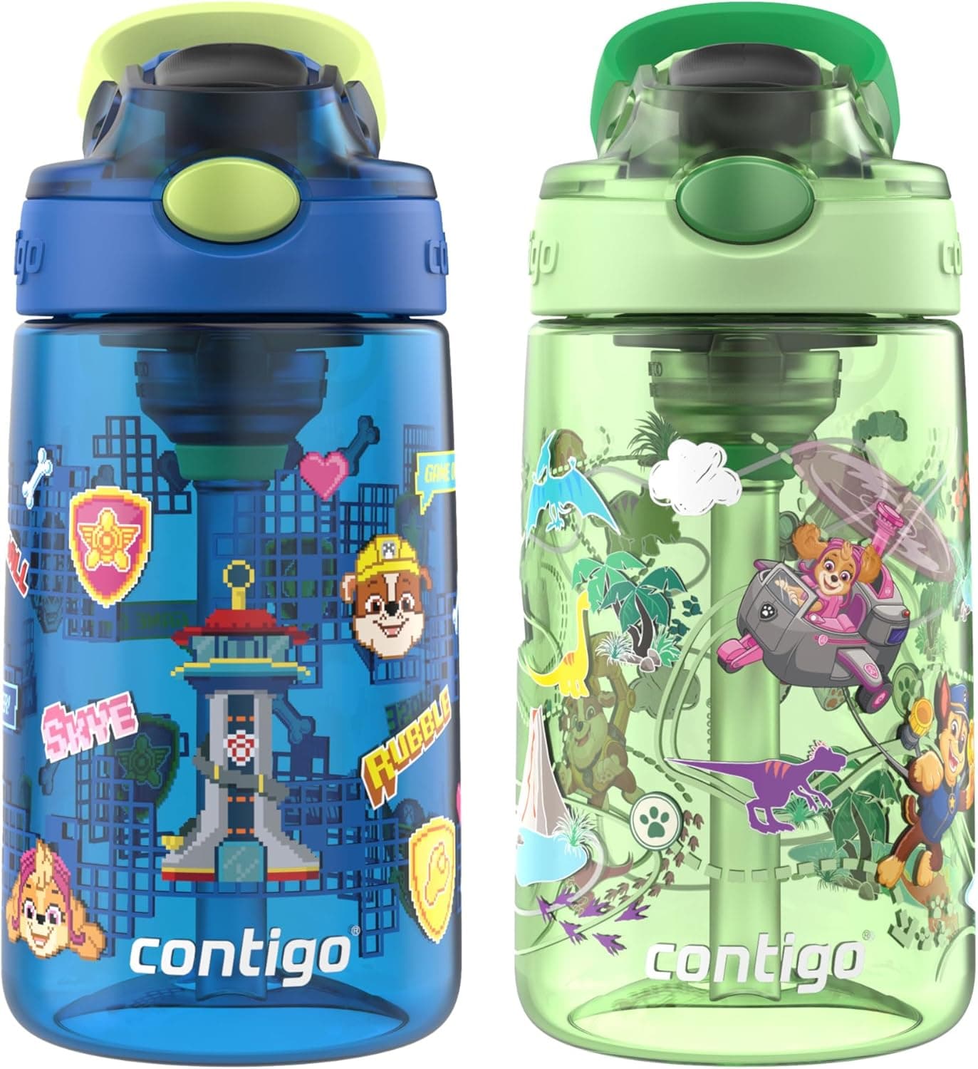 Contigo Aubrey Paw Patrol Leak-Proof Spill-Proof, 2-Pack Water Bottle with Autospout, 14oz, Power Pups and Dino Treks, Green and Blue