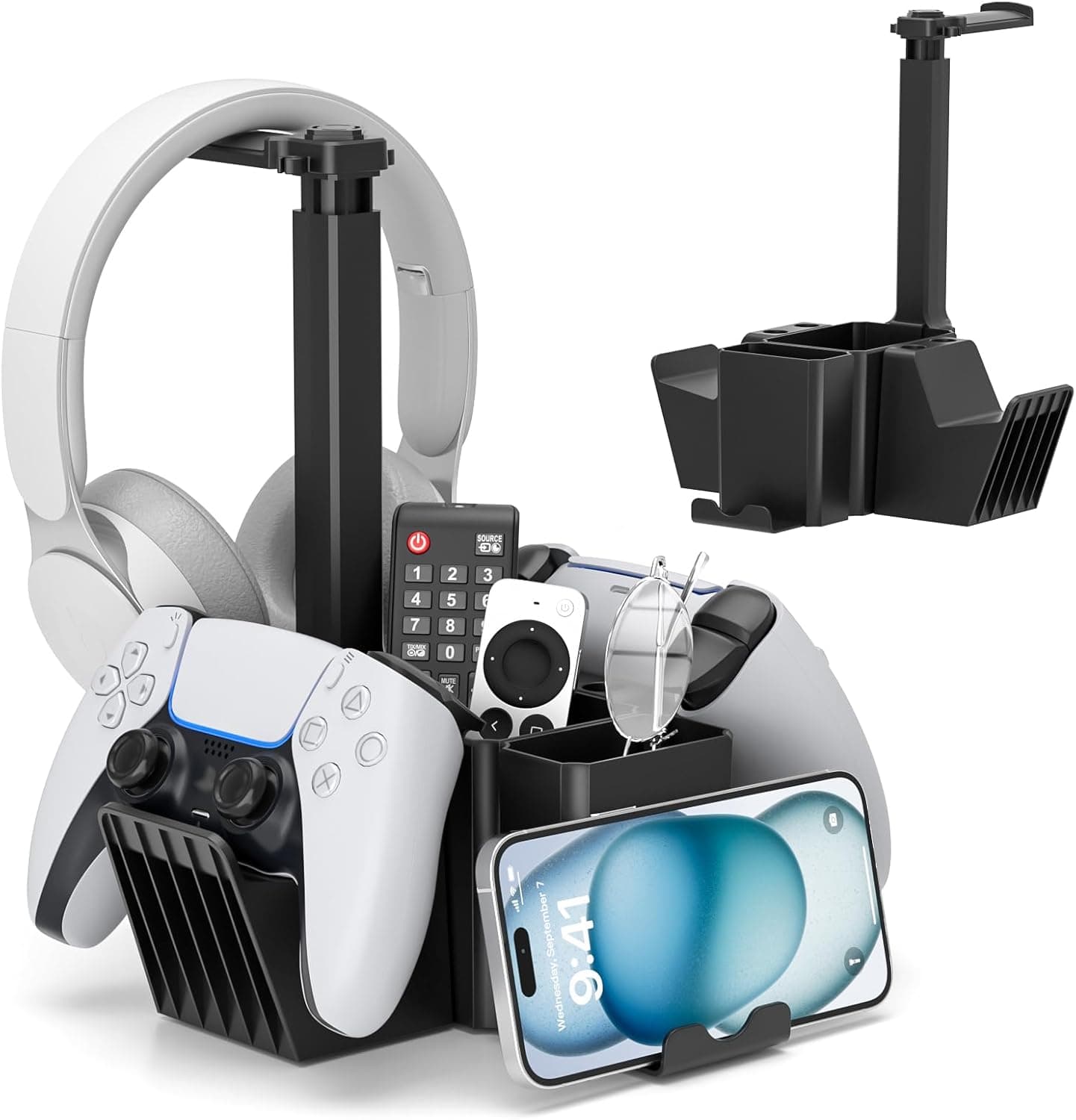 KDD Dual Controller Holder with Headphone Stand - Multi-Functional Desk Storage Box with Phone Holder - Universal Controller Stand with Desktop Organizer for Remote Control Pen Accessories(Black)