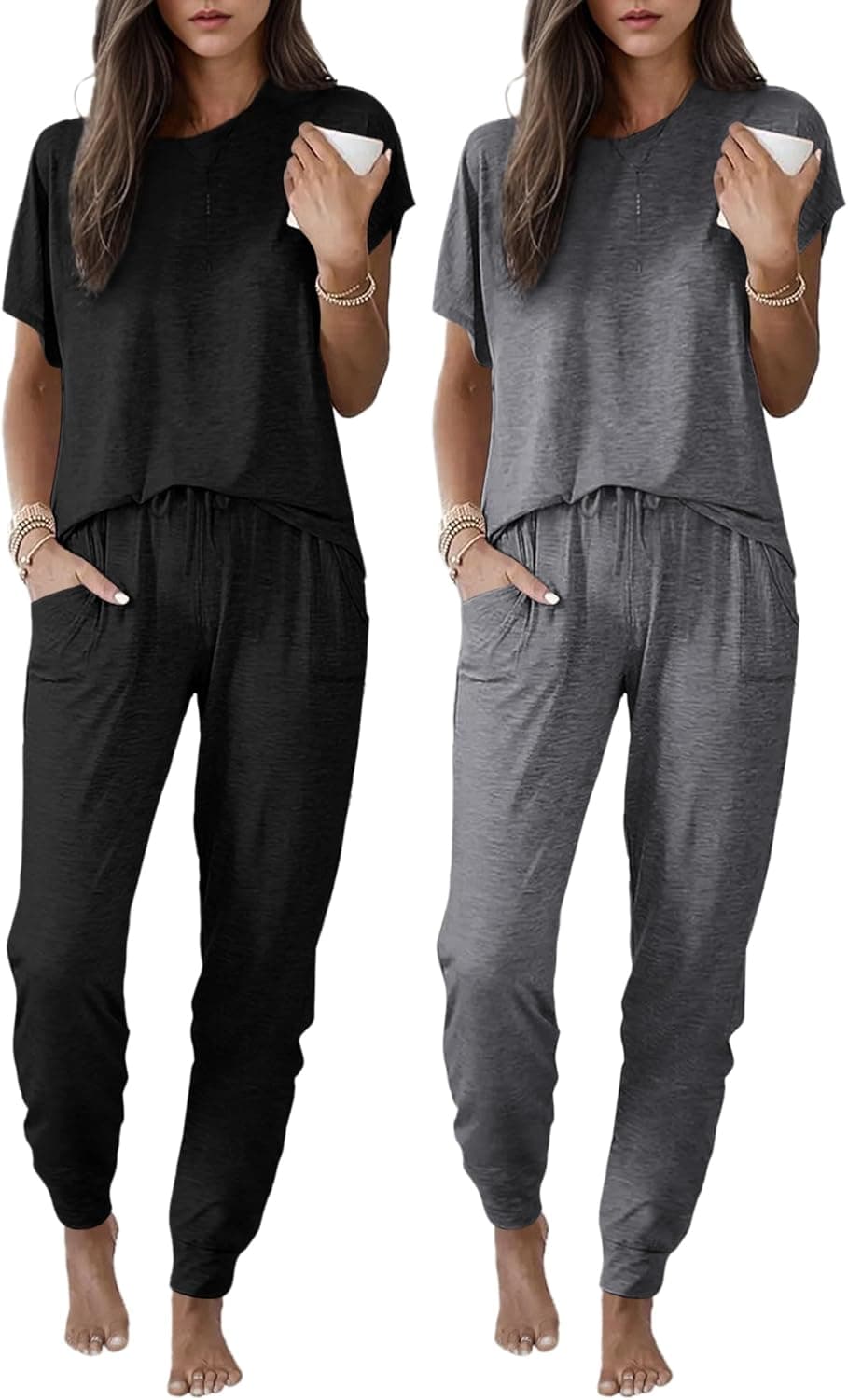 Ekouaer 2 pack Pajama Sets for Womens Jogger Pants Pjs Short Sleeves Lounge Set Soft Sleepwear with Pockets