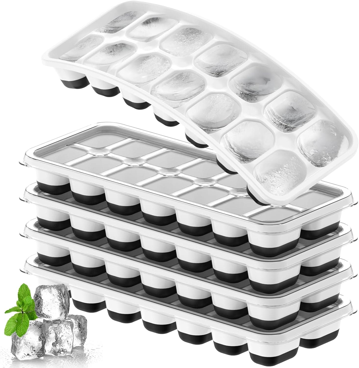 Ice Cube Tray 5 Pack, Stackable Silicone Ice Cube Trays with Lid– Easy Release Reusable Ice Tray, BPA-Free Rectangular Ice Cube Mold Set for Cocktails, Coffee, Whiskey & Drinks- Black