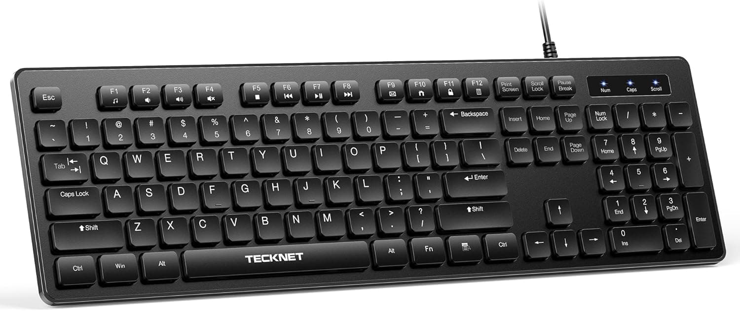 TECKNET Wired Keyboard,Silent USB Keyboard for Office,Spill-Resistant,Slim Full-Size Membrane Layout,Plug and Play for PC/Laptop/Mac