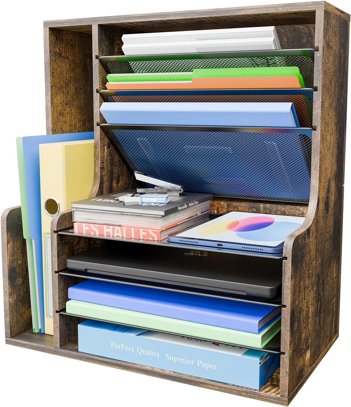 Simple Trending 7 Tier Desk File Organizer, Wooden Letter Tray Paper Organizer with Adjustable File Holder, Mesh Desktop Organizer and Storage for Office Supplies