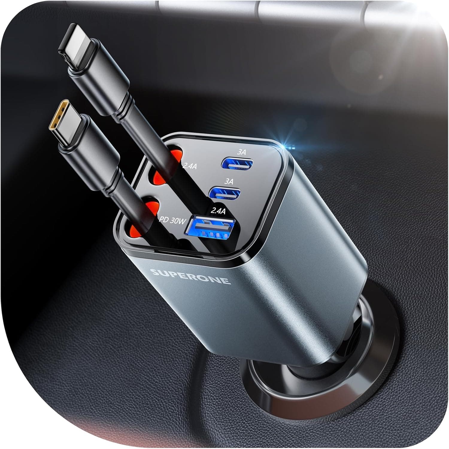 【2025 Ultra-Compact】 SUPERONE Retractable Car Charger, 5 in 1 Car Phone Charger with Dual Cables, 84W Fast Charging USB C Car Accessories Adapter for iPhone 17/16/15/14/13/12/11, Galaxy, Pixel