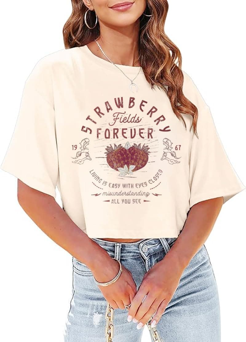 Women's Summer Cropped T Shirts Funny Rock and Roll Country Music Graphic Print tees Short Sleeve Casual Crop Tops