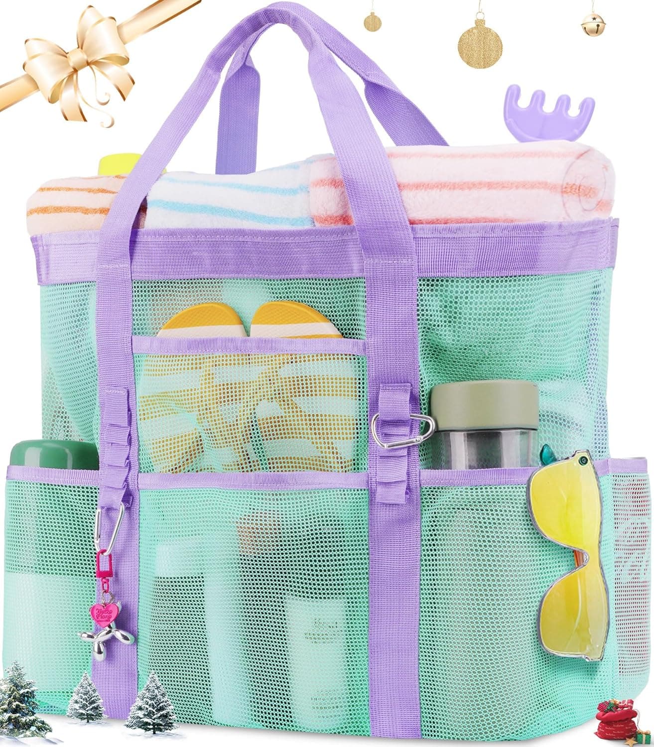 Stylish & Spacious XX-Large Beach Bag for Women – 12 Pockets, Foldable & Lightweight Mesh Tote, Includes 2 Carabiners