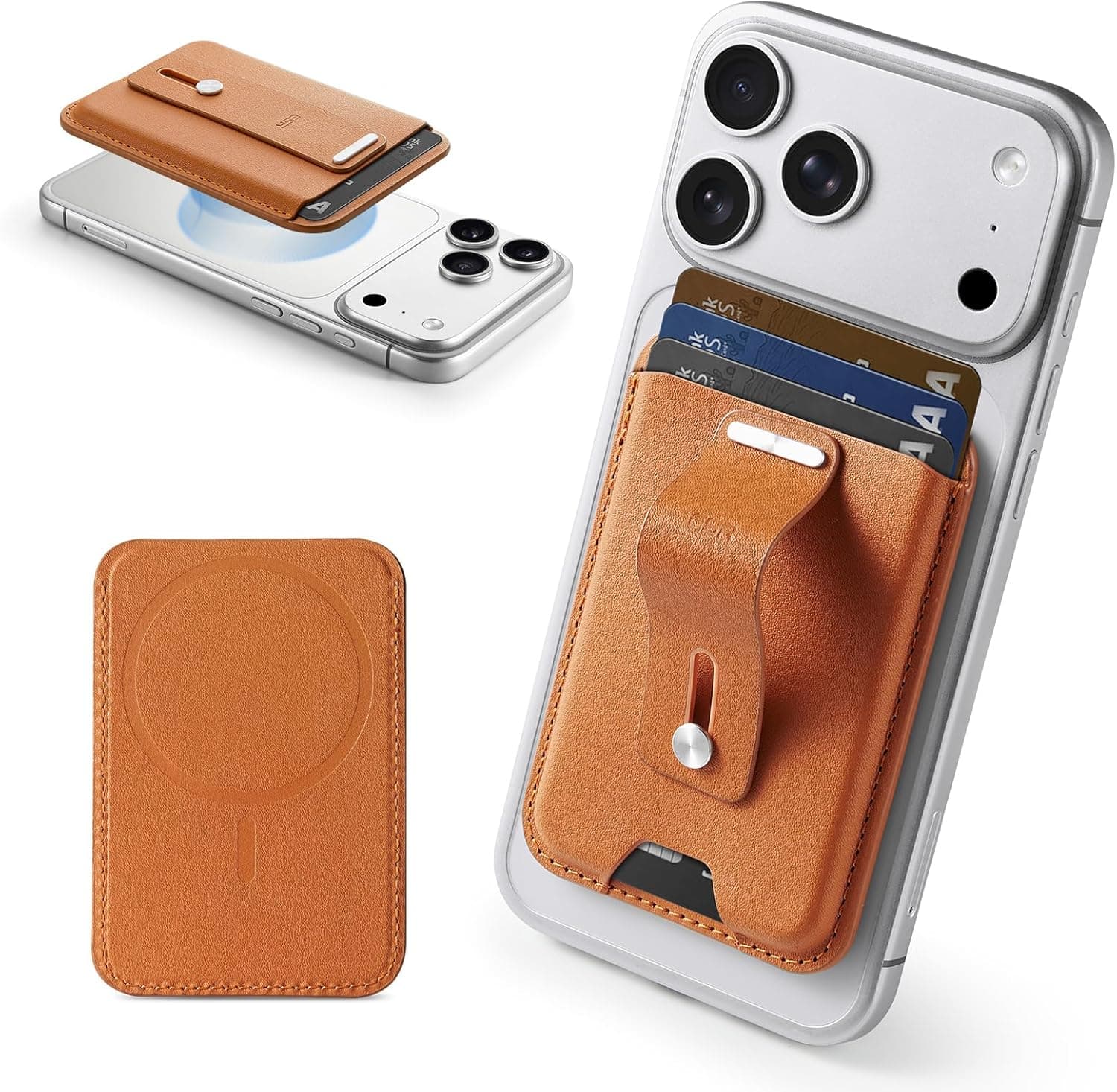 ESR for MagSafe Wallet, 3-Card Holder, Magnetic Wallet for iPhone,Vegan Leather, Secure-Grip Finger Loop without Stand for iPhone 17/16/15/14/13/12 Series, Not for 13/12 Mini, Brown
