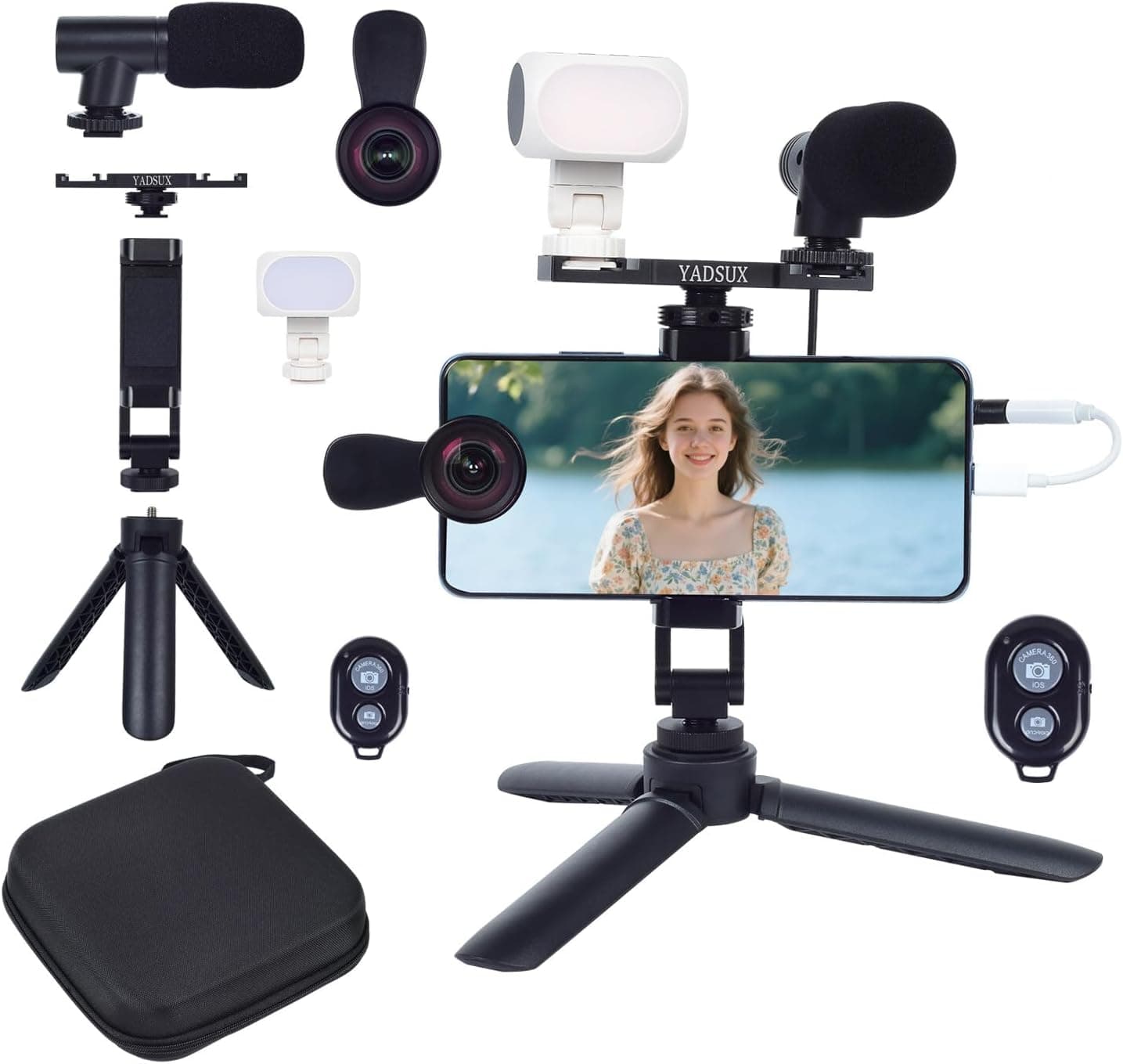 Content Creator,YouTube Starter,Vlogging Kit .Phone Light, Mic, Wide Lens, Bluetooth Remote & Travel Case for iPhone/Android TikTok YouTube Live Streaming