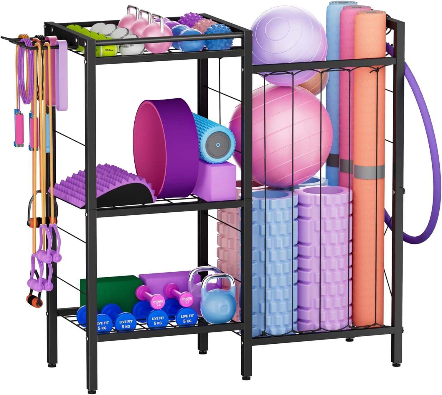 3 Tiers Dumbbells Yoga Mat Storage Rack with Elastic Straps for Kettlebells Foam Roller Resistance Bands Balls, Workout Equipment Organizer Weight Storage Holder with Hooks for Home Gym