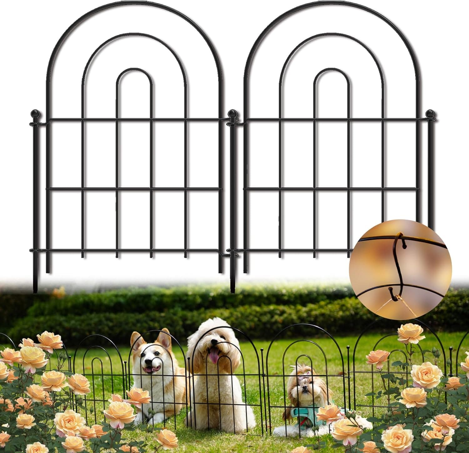 Garden Fence Panels, 17 in (High) x 12.6 ft (Long) Flower Bed Fencing for Small Animal Barrier, 10 Pcs Metal Decorative Fences Border with Hooks