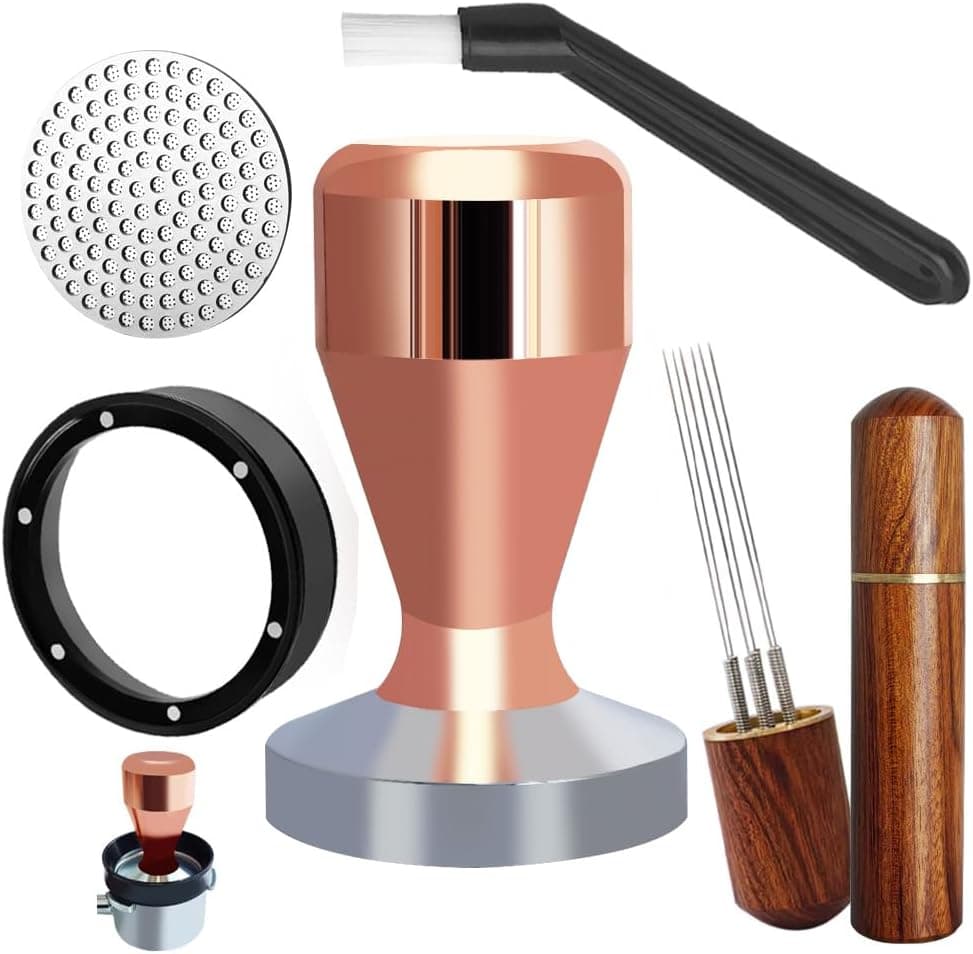 51mm Espresso Tamper Set, 5PCS Coffee Tamper Kit with WDT Tool, Coffee Stirrer, Dosing Funnel, Puck Screen 51mm Espresso Accessories Tampers Kit (Rose Gold)