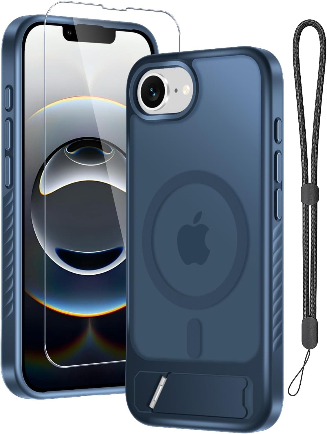 RMOCR for iPhone 16e Case with Screen Protector+Lanyard Wrist Strap,Magnetic Translucent Matte Rugged Slim Phone Cover Built in Invisible Kickstand [Fit for MagSafe],Navy Blue