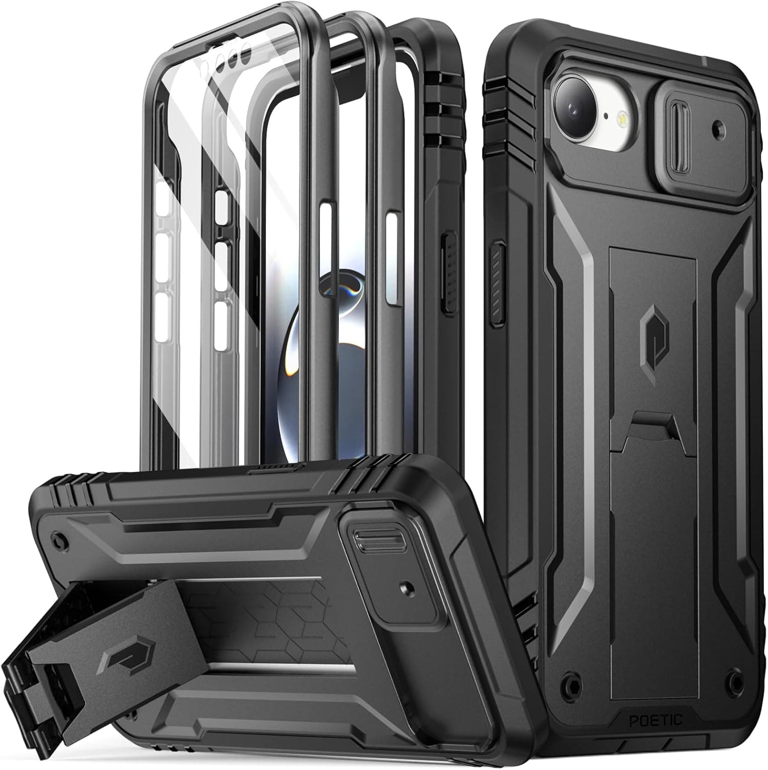 Poetic Revolution Case for iPhone 16e 6.1 inch, [Slide Camera Cover], Full-Body Military Grade Rugged Shockproof Cover with Kickstand and Built-in-Screen Protector, Black
