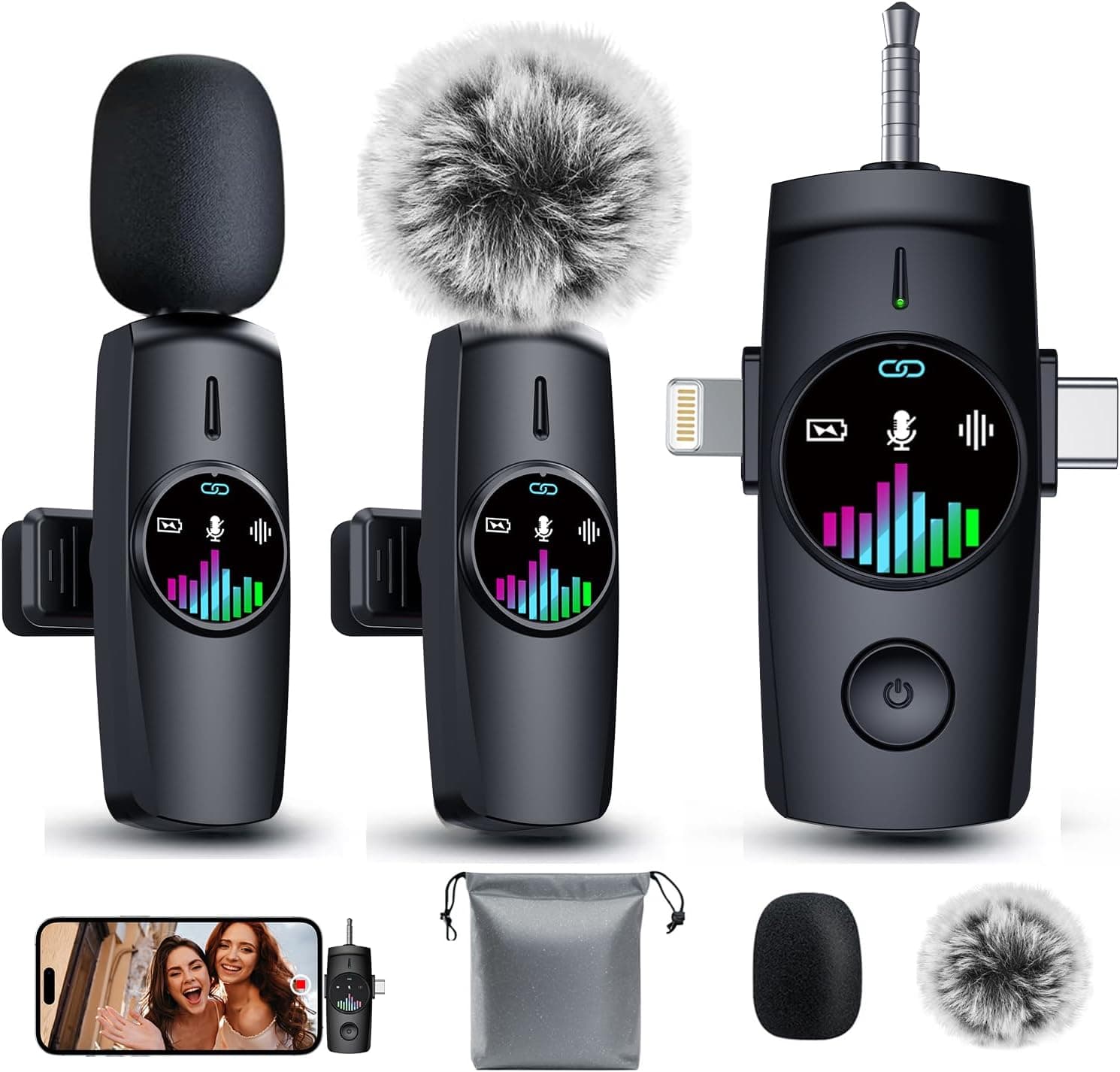 3-in-1 Mini Microphone for iPhone/Android Pro Wireless Mic - Lavalier Microphone for Content Creators - 20H Battery & 80ft Noise Cancel for Live Singing