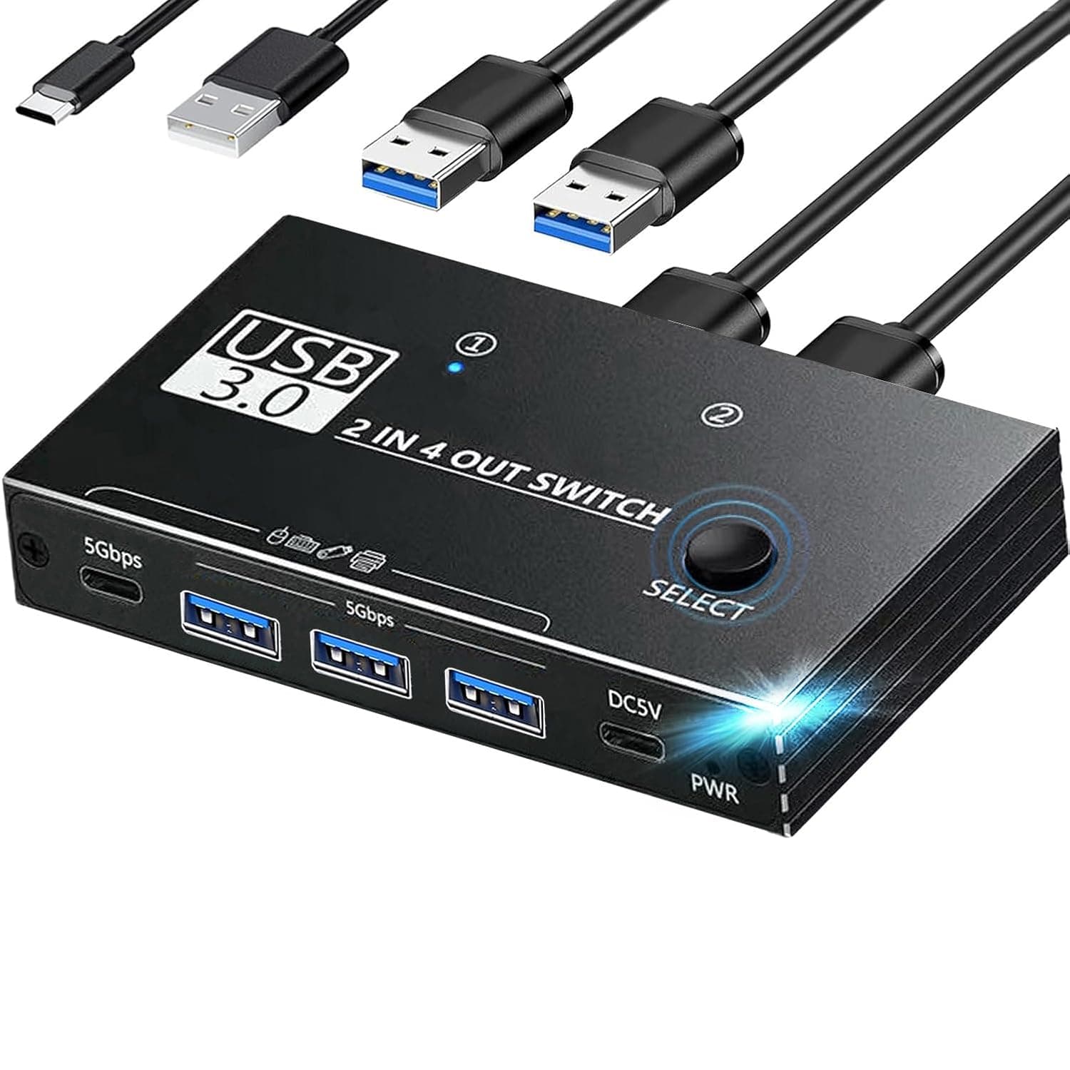 USB 3.0 Switch Selector,USB Switcher 2 Computers Sharing 3X Type A and 1x USB C Port Hub PC Mouse Keyboard Hard Drives Printer One Button Switch Adapter with Windows Mac Linux,3 Cable