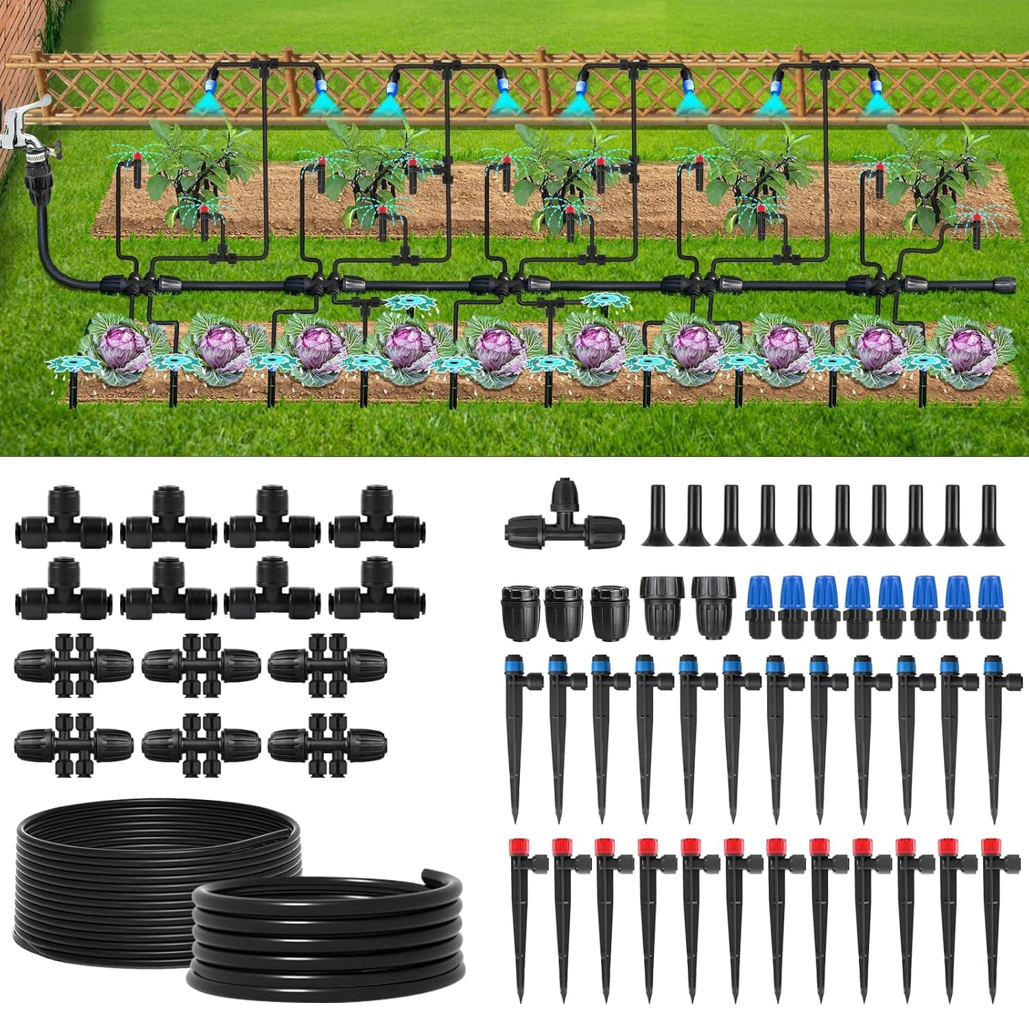 250FT Drip Irrigation System Kit, Automatic Garden Watering System with 1/2" Hose and 1/4" Distribution Tubing-Adjustable Nozzles & Sprinklers for Garden Irrigation, Yard, Lawn, Potted Plants。